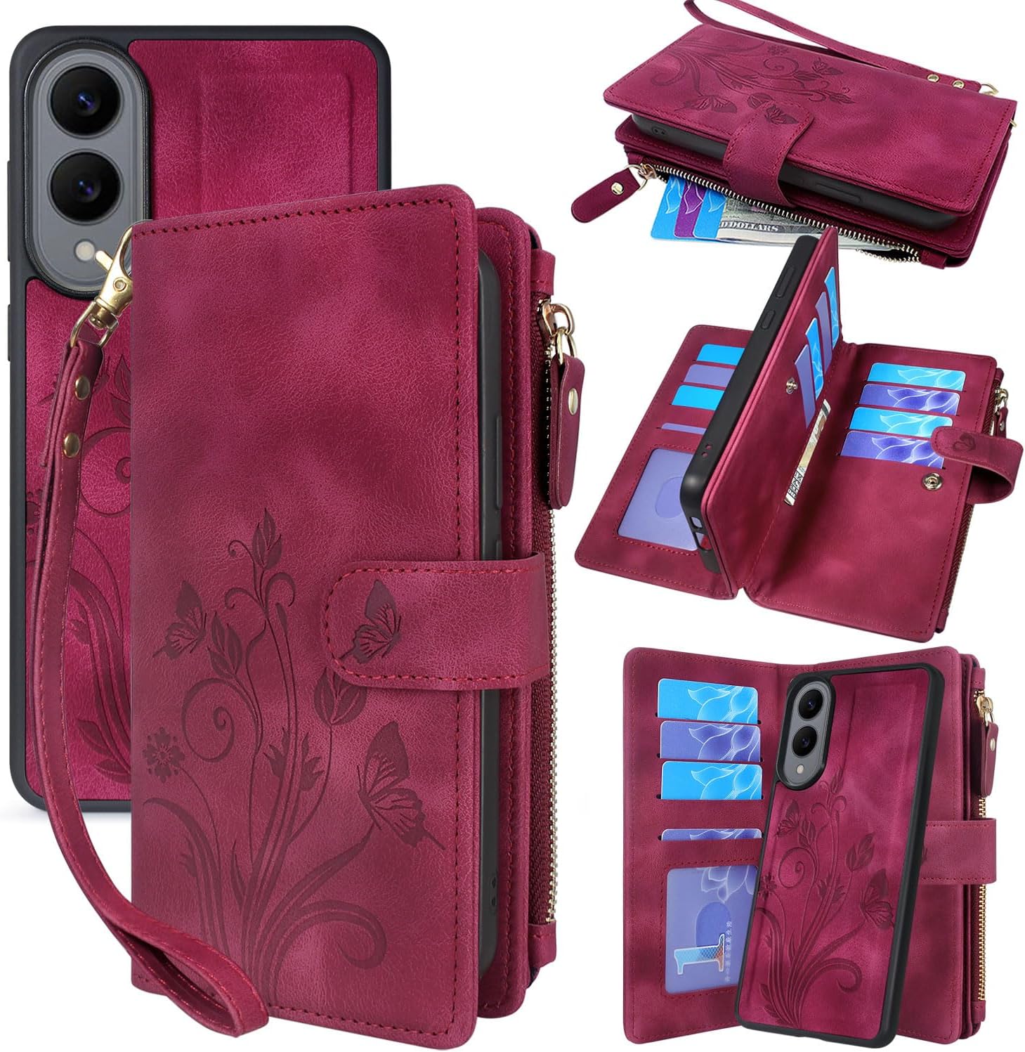Lacass Case Wallet for Samsung Galaxy S25 Edge, [12 Card Slots] ID Credit Cash Holder Zipper Pocket Detachable Leather Wallet Cover with Wrist Strap Lanyard（Floral Dark Purple）