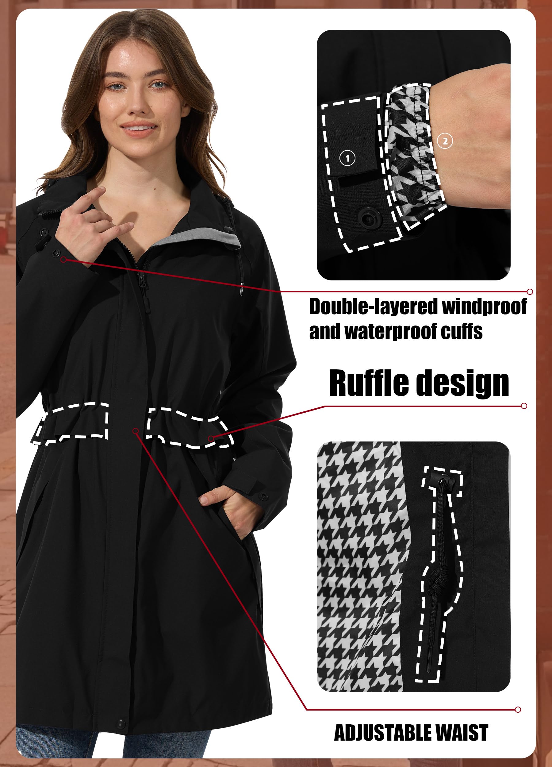 Regenjacke Damen Wasserdicht Kapuze Regenmantel Jacke Atmungsaktive Mantel Übergangsjacke Lang Trenchcoat Frühling Herbst S-2XL