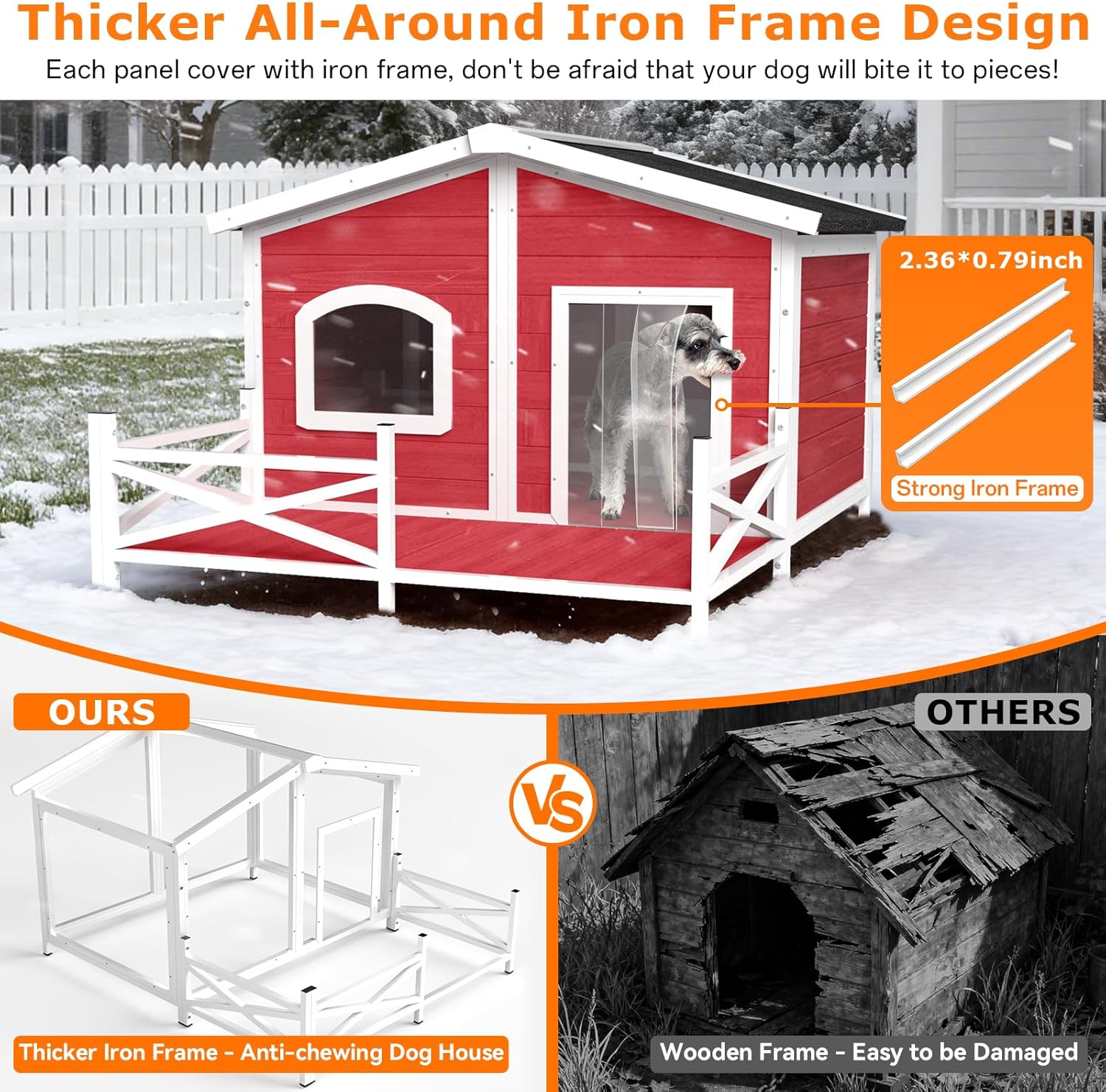 Outdoor Dog House with Porch, Large Dog Kennel Keep Safe in All Weather, Unique Weatherproof Roof ＆Anti-Bite Design Dog Home for Small Medium Large Dogs Outside