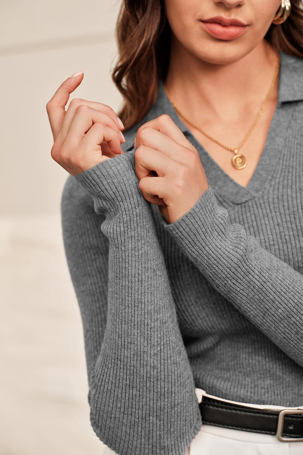 Arach&Cloz Women's Wool Blend Polo Sweater Shirt Business Casual Slim Fitted Fall Tops 2025 - Image 5