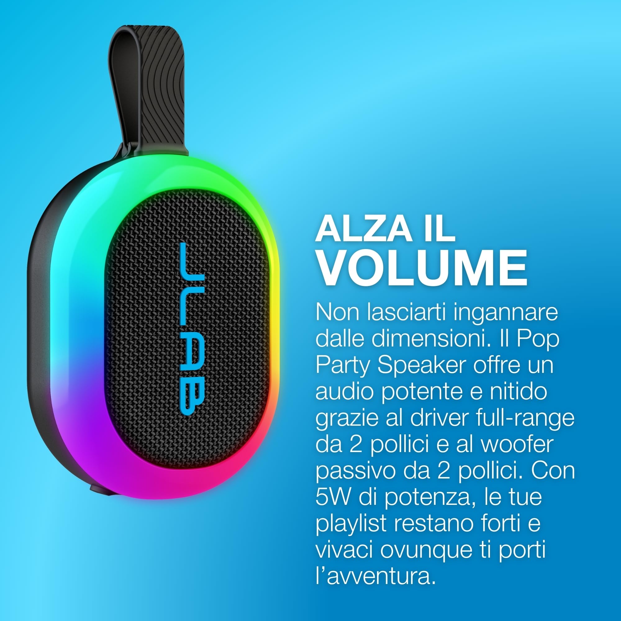 JLab Pop Party Cassa Bluetooth Ultra-Portatile con 8+ ore di riproduzione - Altoparlante Wireless da 5W per Esterni e Viaggi con Luci RGB e Audio Potente, Resistente all'Acqua IP55, Blu navy