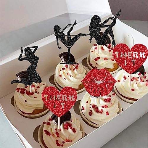 Miniatura 3 de Paquete de 30 adornos para cupcakes con purpurina para el día de San Valentín, despedida de soltera, lápiz labial Twerk, corazón, palillos para