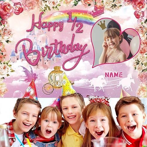 Miniatura 7 de Cartel personalizado de decoración de fiesta de cumpleaños de medio año, tema de princesa, feliz 12 cumpleaños, corona de carruaje de castillo real,