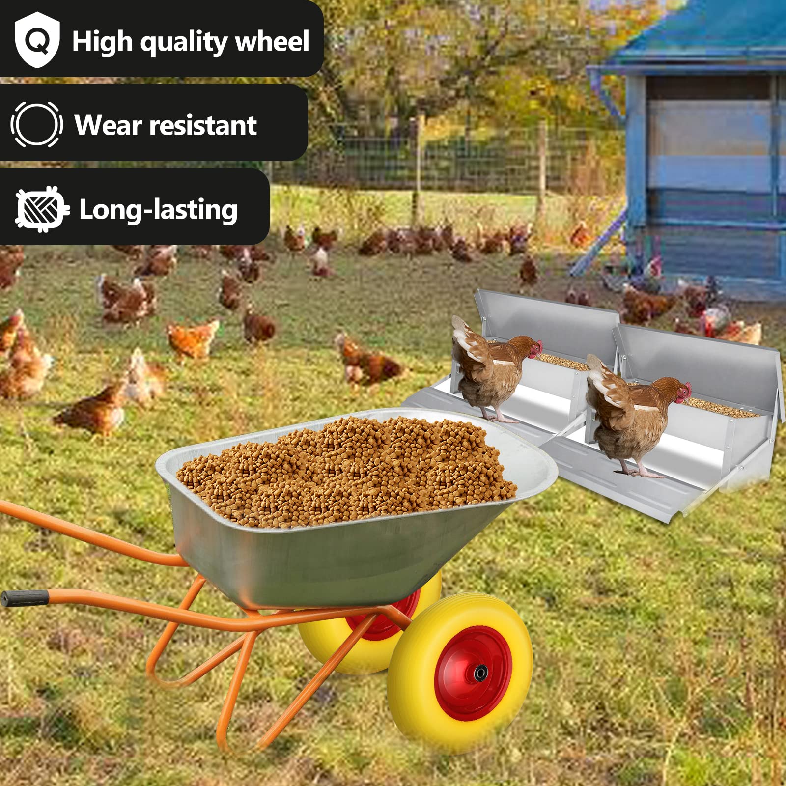 2x Schubkarrenrad Vollgummi mit Achse 4.80 4.00-8 Ø 390mm Gummirad, pannensicher, Stahlfelge PU Reifen gelb, für Gartenkarren