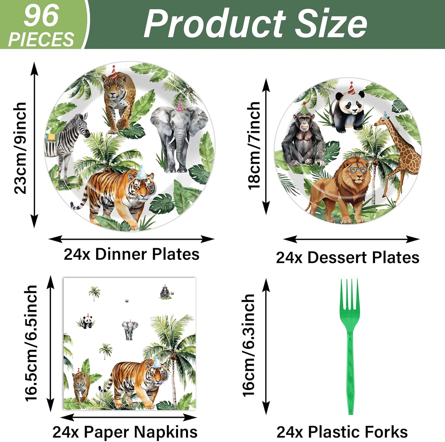 96Pcs Wild Animals Party Supplies Jungle Paper Plates Napkins Safari Theme Party Tableware Set Safari Zoo Dinnerware for Girl Birthday Party Baby Shower Decoration Serve 24 - Image 2