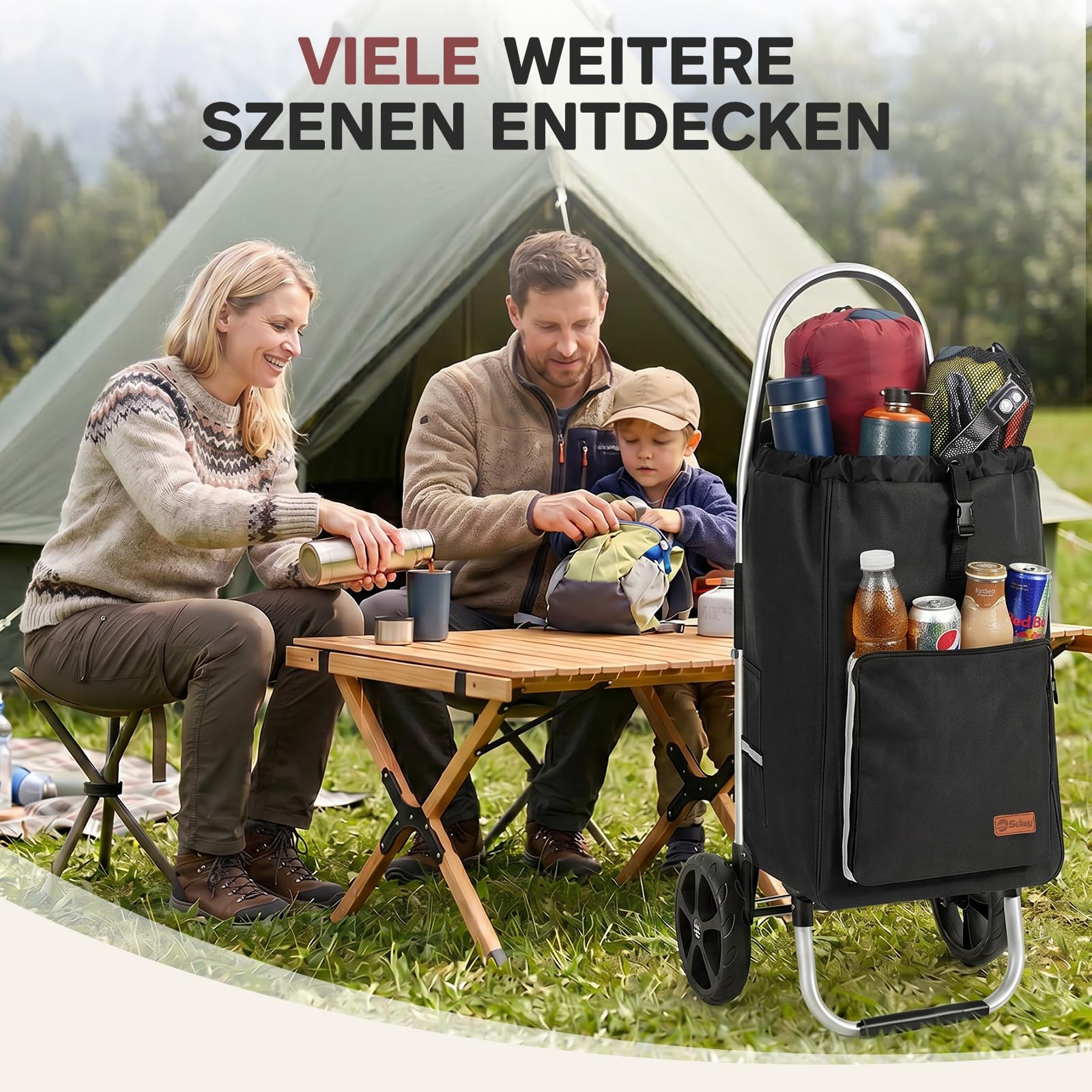 Sekey Einkaufstrolley klappbar, 50L Einkaufstasche mit Kühlfach, Aluminiumrahmen, Faltbarer Einkaufswagen, Shopping Trolley für Einkauf und Alltag, Schwarz