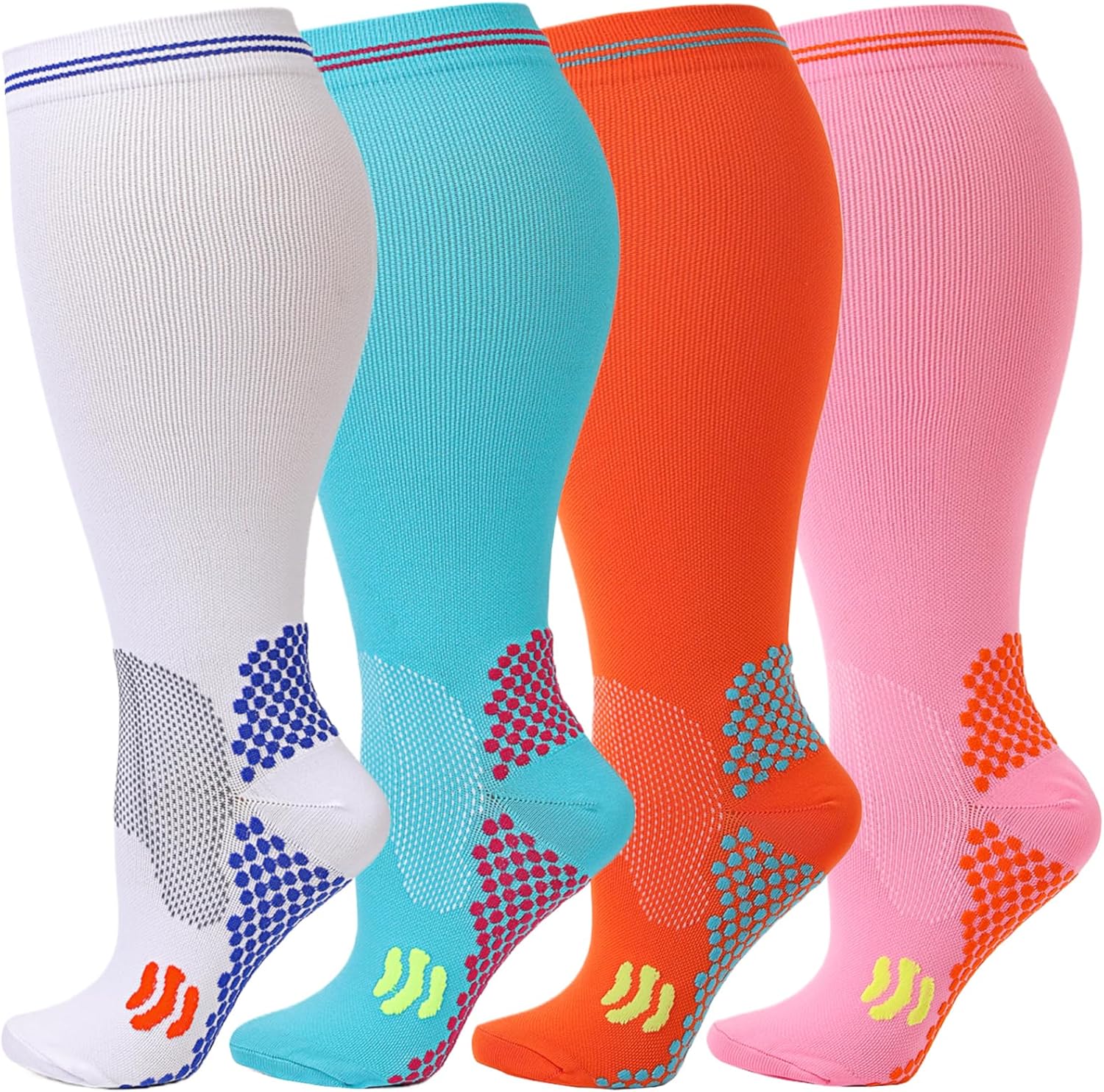 Kickticks Plus Size Compression Socks-Wide Calf Knee High Socks for Men & Women, 20-30mmHg, Available in 2XL to 4XL, 4 Pairs