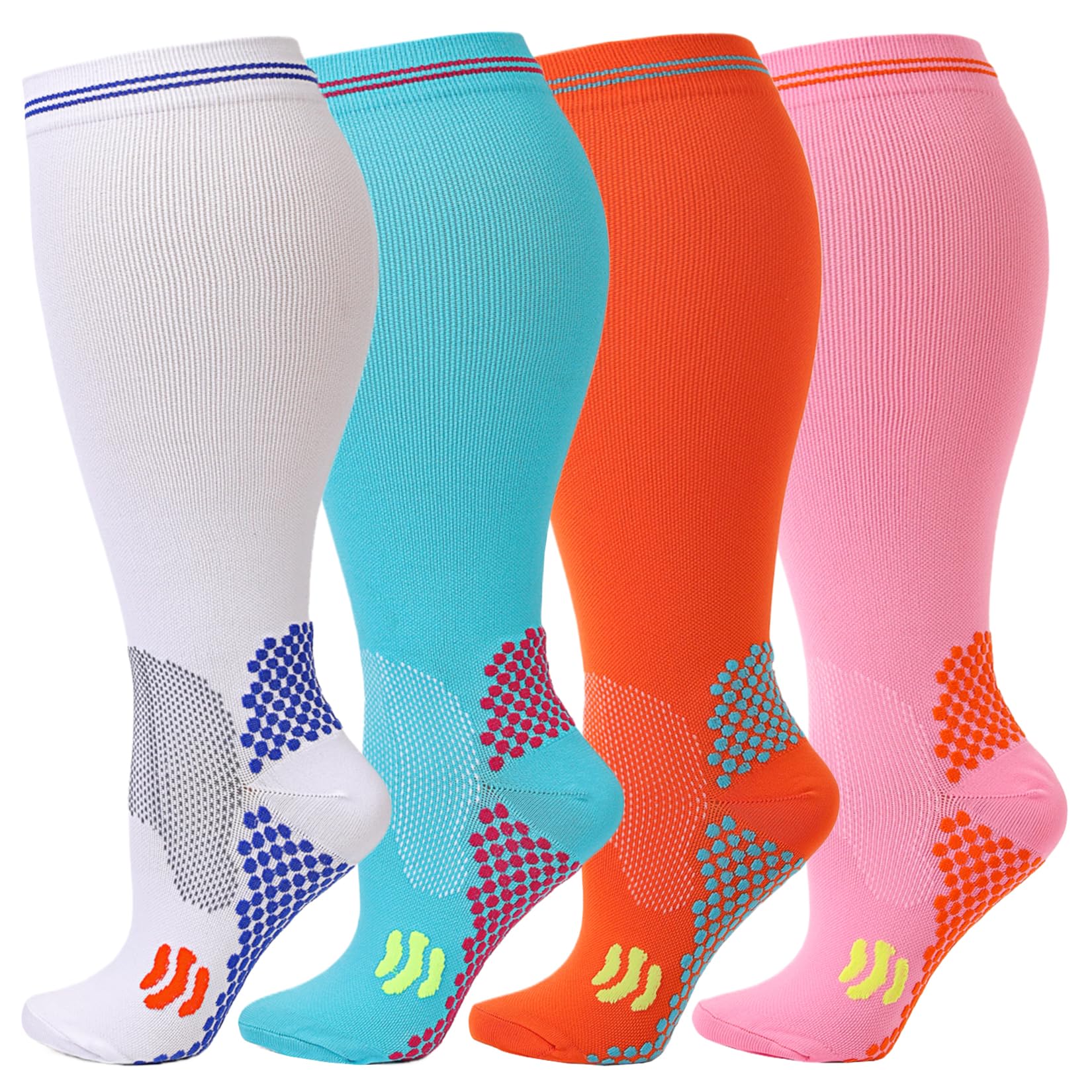 Kickticks Plus Size Compression Socks-Wide Calf Knee High Socks for Men & Women, 20-30mmHg, Available in 2XL to 4XL, 4 Pairs