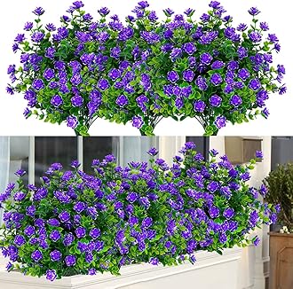 12 Bundles Outdoor Artificial Flowers UV Resistant Fake Boxwood Plants, Faux Greenery for Indoor Outside Hanging Plants Garden Porch Window Box Home Wedding Farmhouse Décor (Purple)