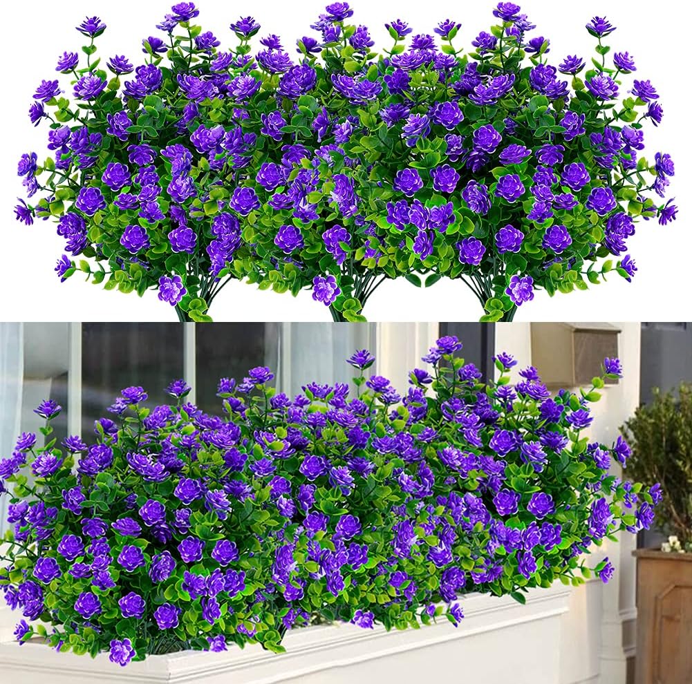 24 Bundles Outdoor Artificial Flowers UV Resistant Fake Boxwood Plants, Faux Greenery for Indoor Outside Hanging Plants Garden Porch Window Box Home Wedding Farmhouse Décor (Purple)