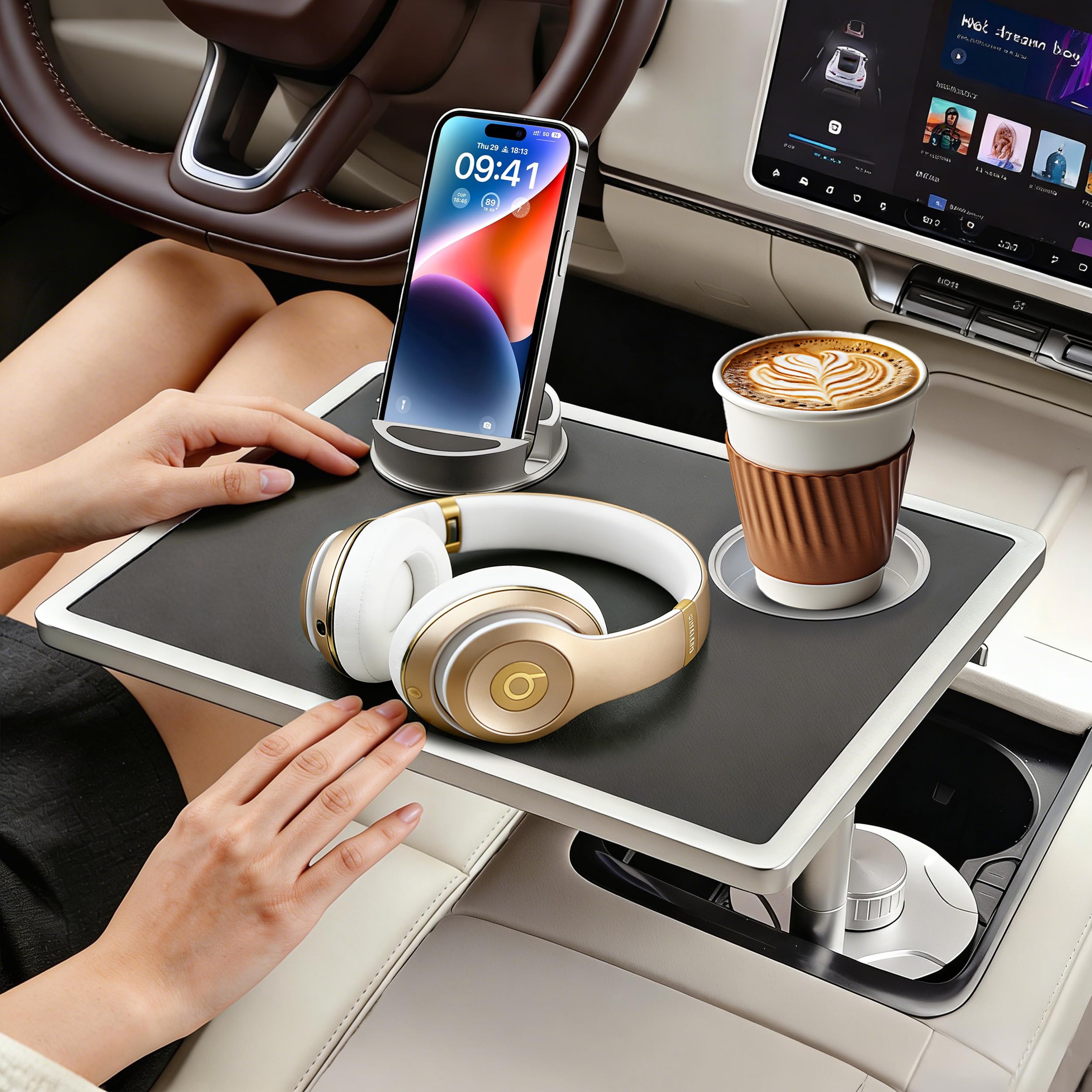 Photo 1 of Car Food Tray & Car Table Tray with Car-Grade Aluminum Cup Holder & Phone Stand,360° Rotating Car Desk for Laptop & Eating, Compatible with Tesla Model Y/3/S, Best Fit Round Cup Holder (2.28" - 3.66")