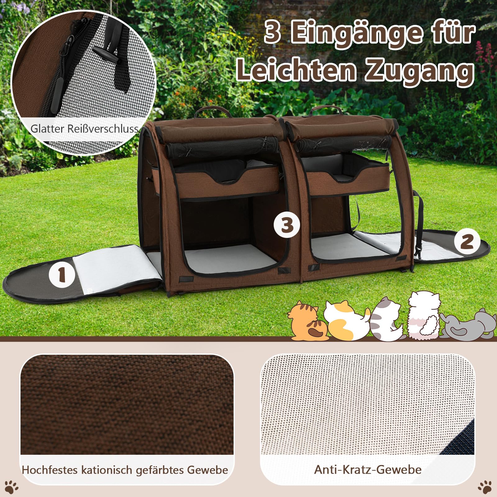 GOPLUS Transportbox mit Zwei Fächern für Katzen, 2 in 1 Haustierhütte mit abnehmbaren Hängematten & Katzentoilette, Tragbare Reisebox für Katzen & Hunde mit Tragetasche (Braun)