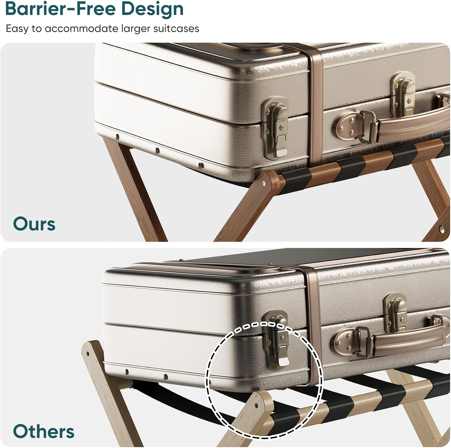 2 Pack Bamboo Luggage Racks, Folding Suitcase Stands with Nylon Straps and Oxford Fabric Shelf, for Guest Room, Hotel, Bedroom, Walnut Color