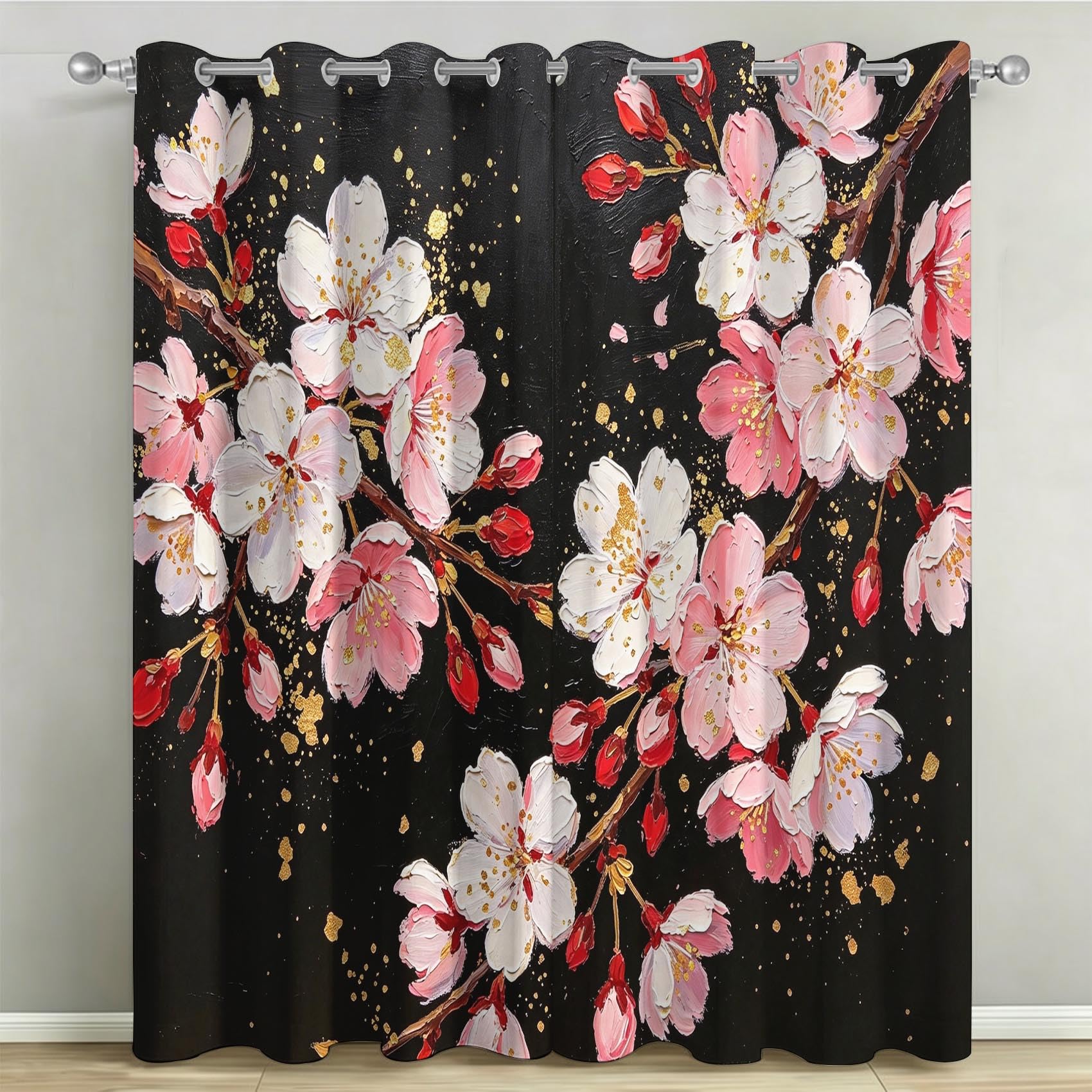 Kirschblüten Vorhänge Blickdicht mit Ösen H 200 x B 100 cm 2er Set