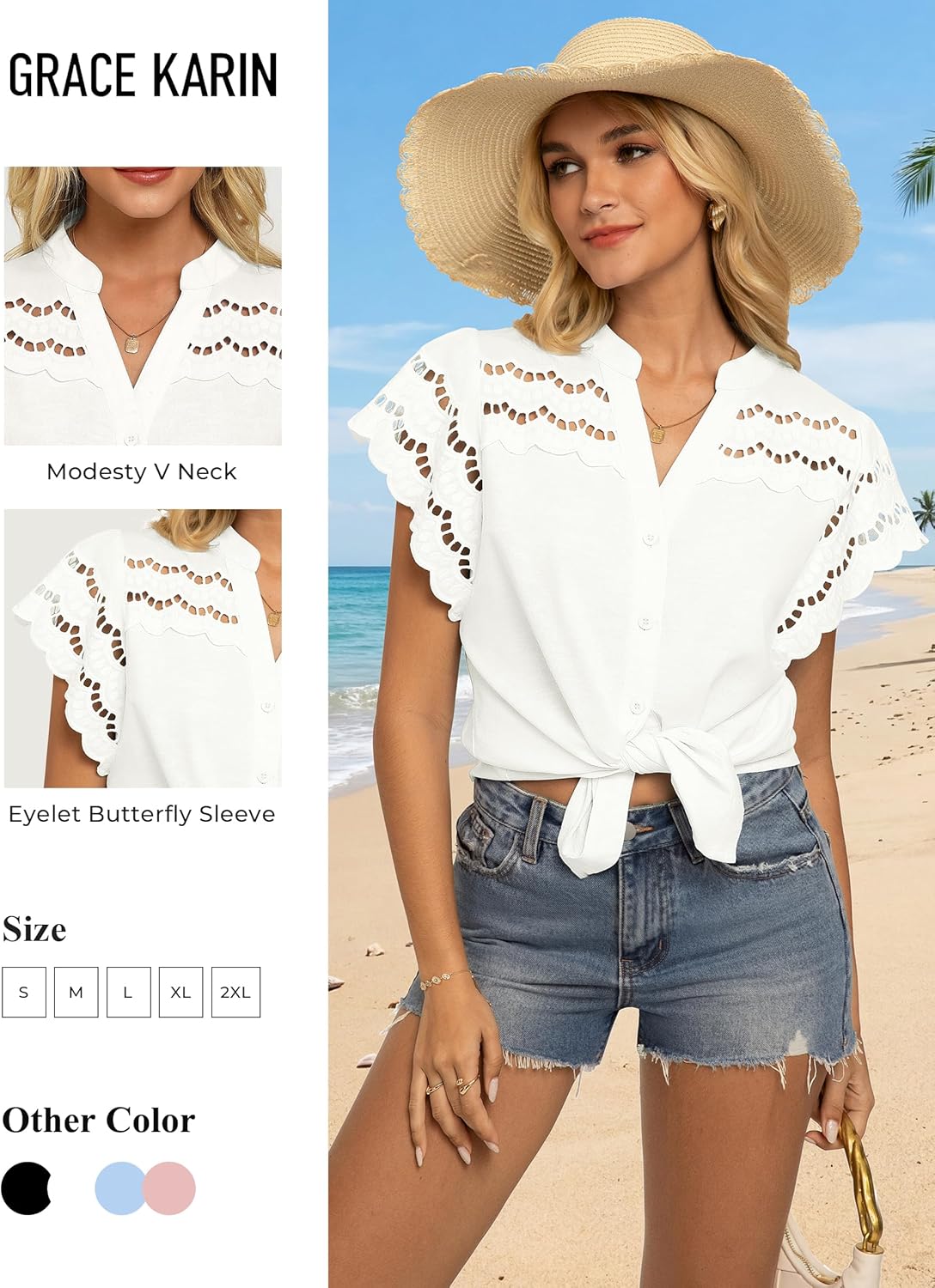 GRACE KARIN Womens Summer Eyelet Tops Dressy Casual,Ruffle Short Sleeve Button Down Shirts,V Neck Embroidered Cotton Blouses - Image 4