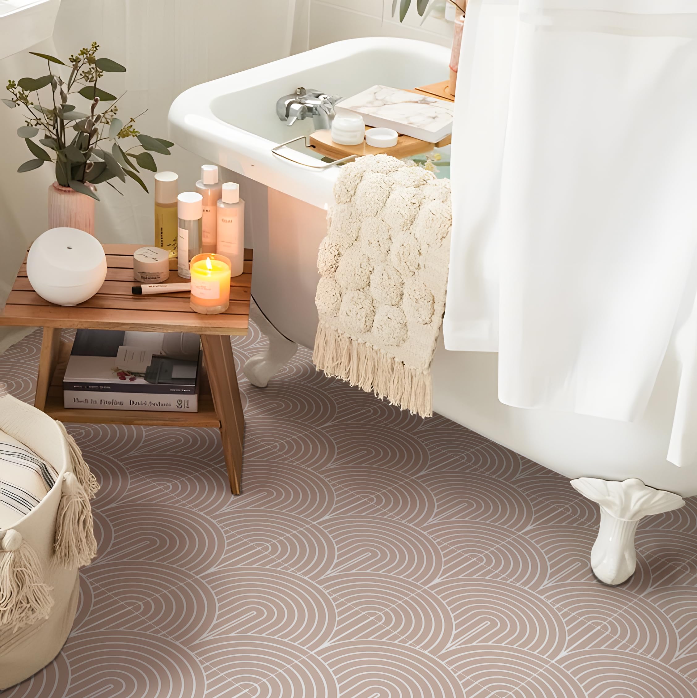 Alwayspon Peel and Stick Floor Tiles, 20cm/8inch×20Sheet Waterproof Removable Non-Slip Vinyl Plank Flooring Tile for Bathroom Kitchen Bedroom, Renter Friendly Floor Decor DIY, Retro Red