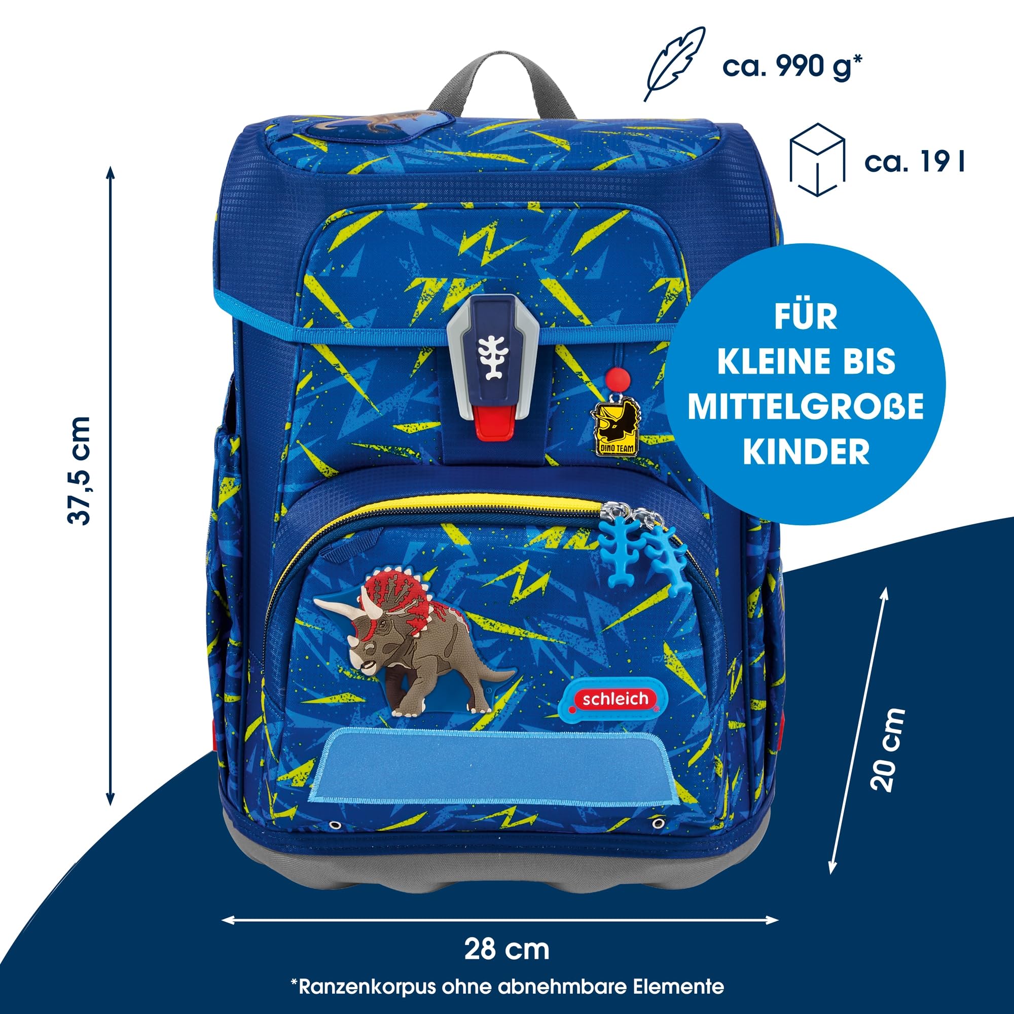 Step by Step Juego de mochila escolar Cloud de 5 piezas, macuto ergonómico con reflectores, altura regulable con cinturón fácil para niños a partir de 1ª clase, 19 l, Triceratops - Azul-amarillo