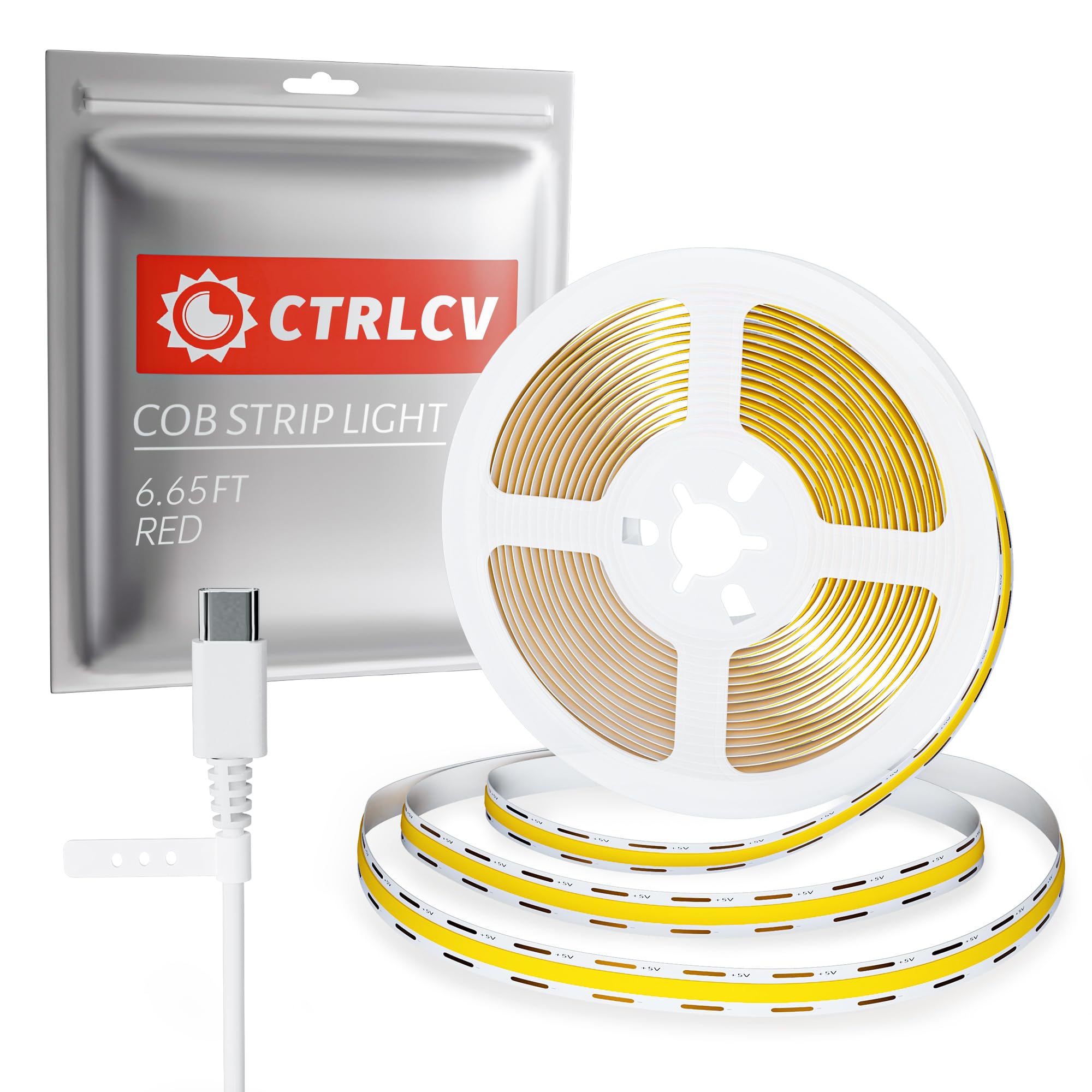 CtrlCV Tira LED COB tipo C de 6.56 pies/2 m, cinta LED oculta de 8 mm CC 5 V, 320 LEDs/m, luz roja. Cortable, moldeable, banco de energía móvil, PC, teléfono móvil, TV, etc. Se puede utilizar todo