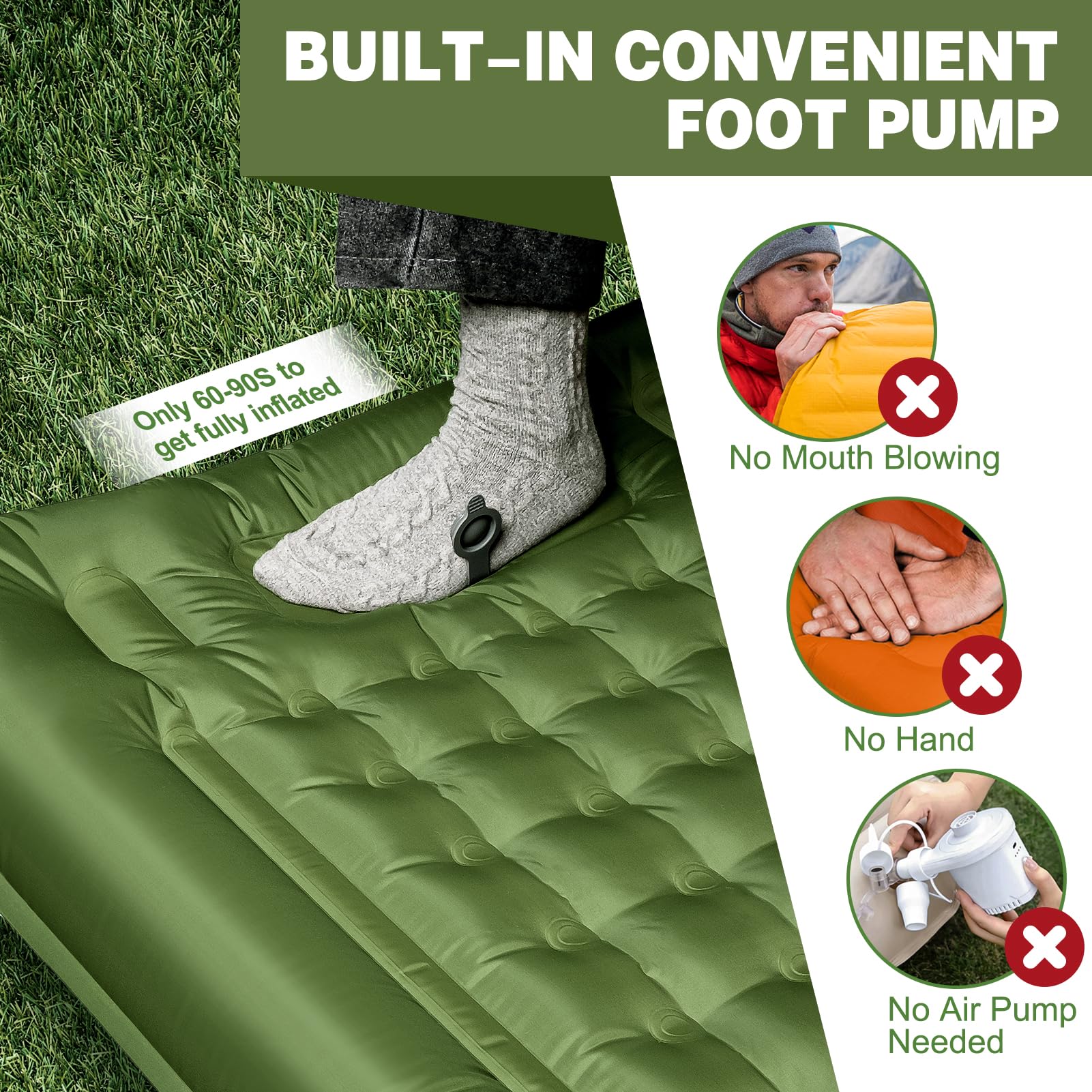 Kiaitre Isomatte,12CM Verdicktes Luftmatratze Camping mit Kissen und Fußpresse Pumpe, Ultraleicht Wasserdicht Isomatte Camping Matratze für Wandern, Strand, Outdoor und Zelt
