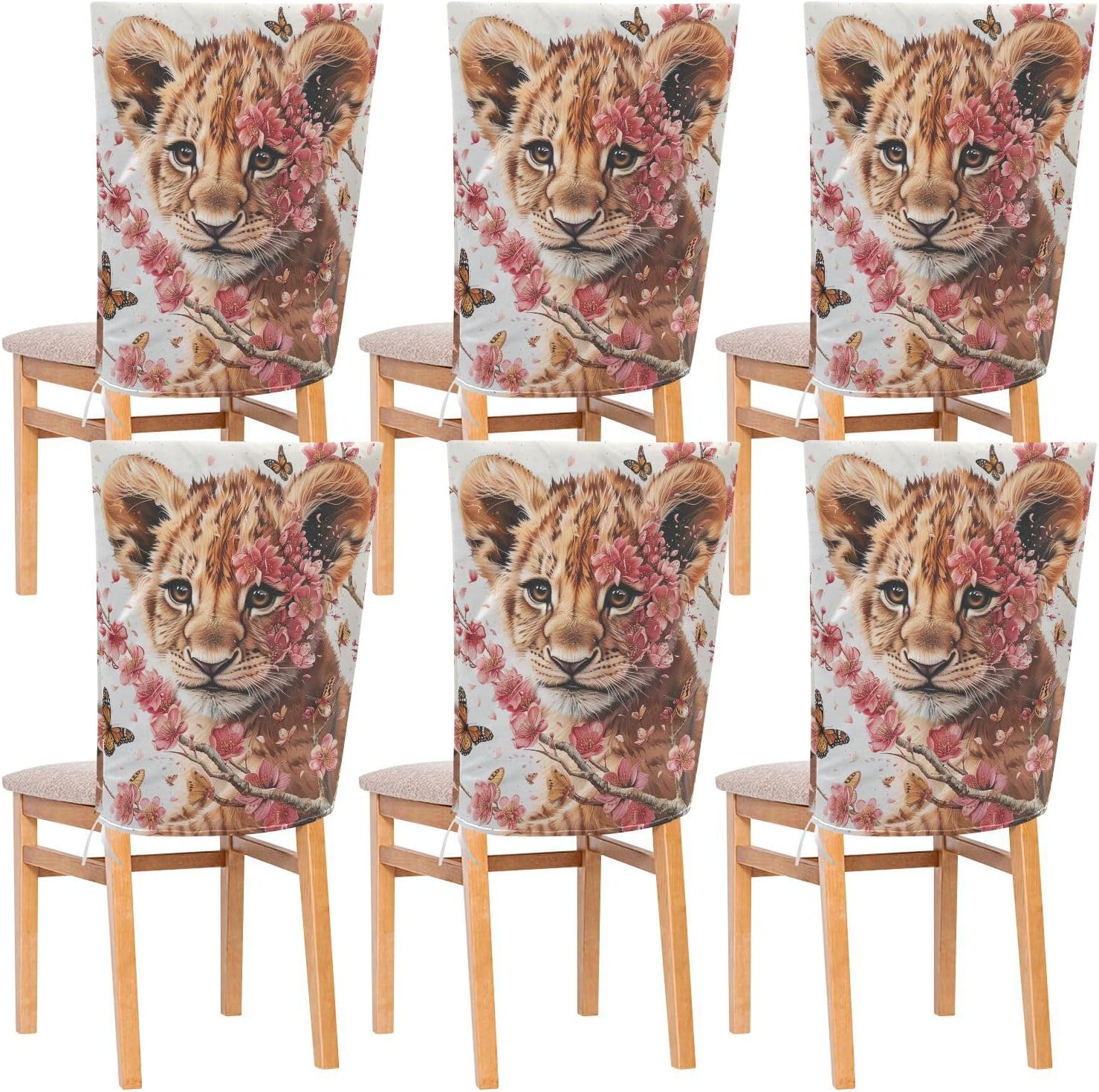 ALAZA Vintage Lion Pink Flowers Butterfly Chair Back Cover Set of 6, Washable Reusable Removable Chair Slipcovers Decorative Chair Cover for Home Kitchen Wedding Party