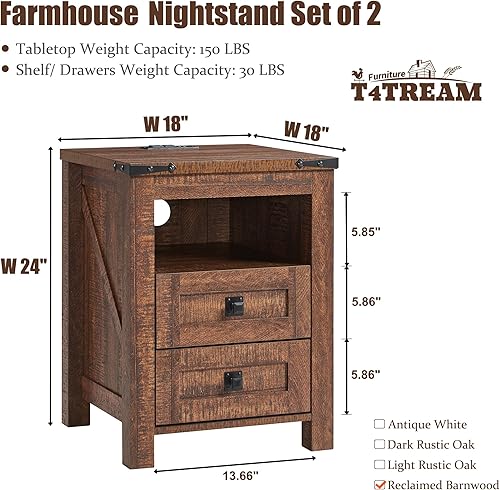 Miniatura 2 de T4TREAM Juego de 2 mesitas de noche de granja con estación de carga, mesa auxiliar rústica con 2 cajones, estante abierto de almacenamiento para