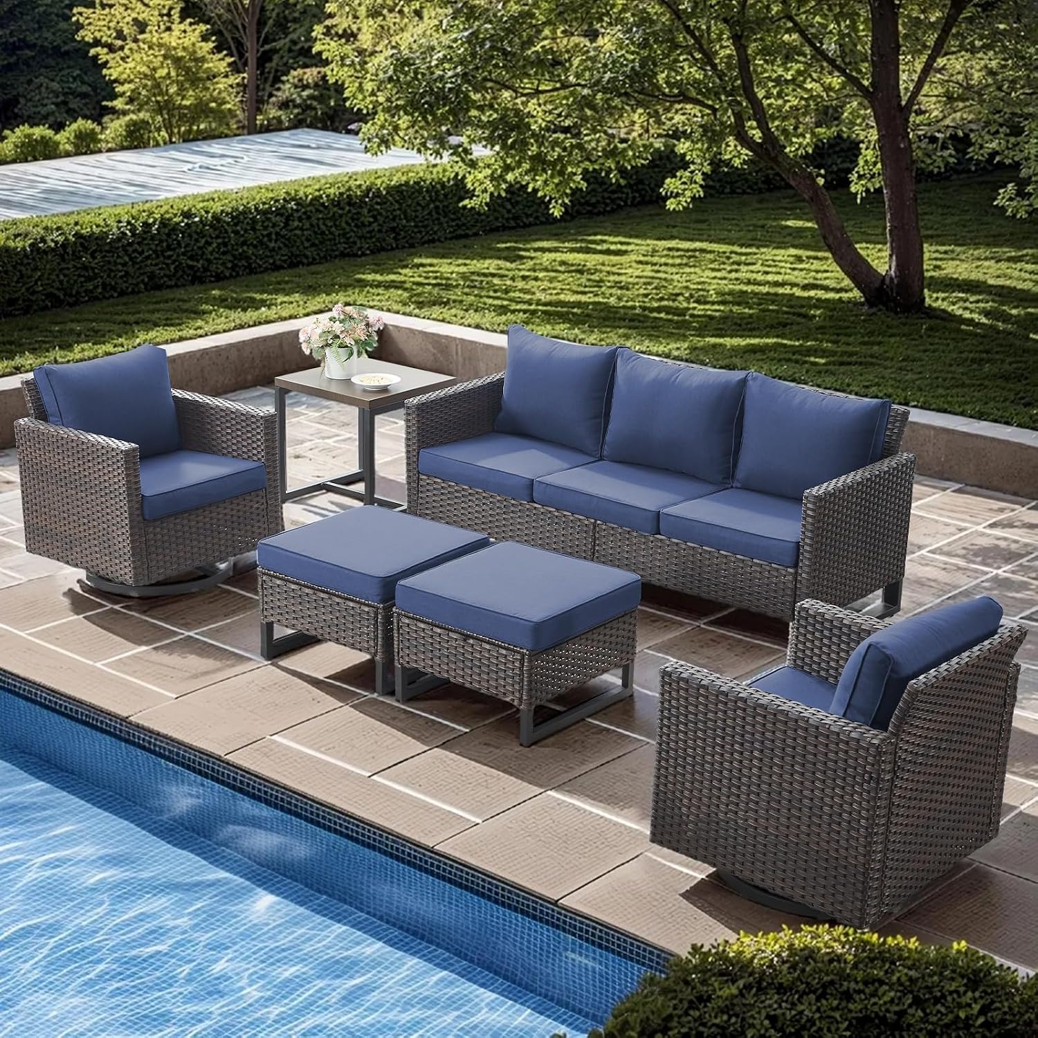 Wicker Patio Furniture Set: 6 Piece Outdoor Patio Furniture Set with Swivel Chairs, Includes 2 Swivel Patio Chairs, 1 Outdoor Couch, 1Side Table and 2 Ottoman, Brown/Blue