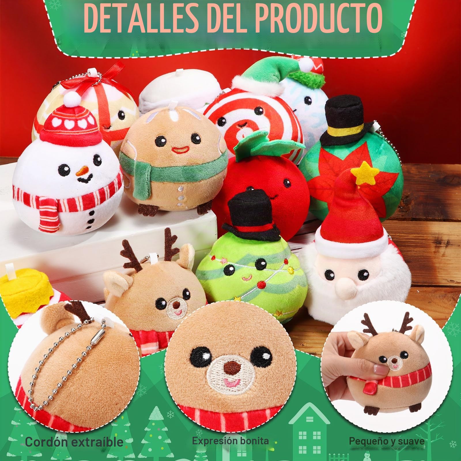 Aoriher 12 Adornos Navideños de Peluche 8 cm Juguete de Muñeco de Felpa de Papá Noel Alce Muñeco de Nieve Hombre de Jengibre Árbol de Navidad Bola de Nieve Copo de Nieve Caja de Regalo Calcetín Dulce