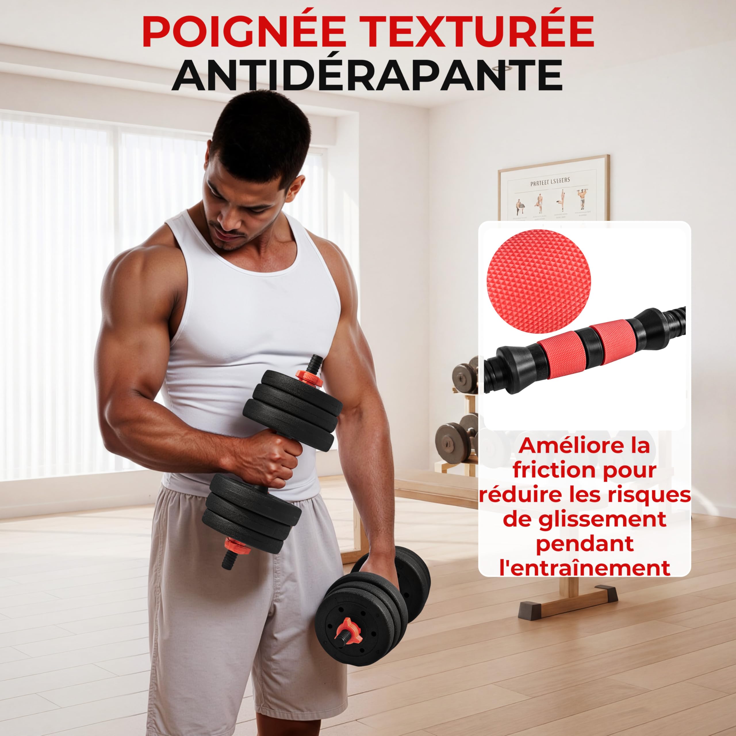 Yaheetech Kit Haltères Musculation 2 en 1 Poids 20 Kg, Haltères Réglables avec Barre et 12 Disques, Colliers à Double Verrouillage, Équipement de Musculation à la Maison, Noir