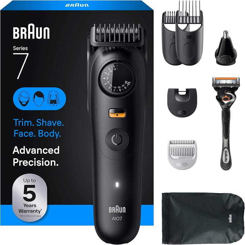 Kit de cuidado corporal y de barba todo en uno Serie 7 para hombres, recortadora inalámbrica, cortapelos y afeitadora para rostro, cabello y cuerpo con maquinilla de afeitar Gillette ProGlide, AIO 7530