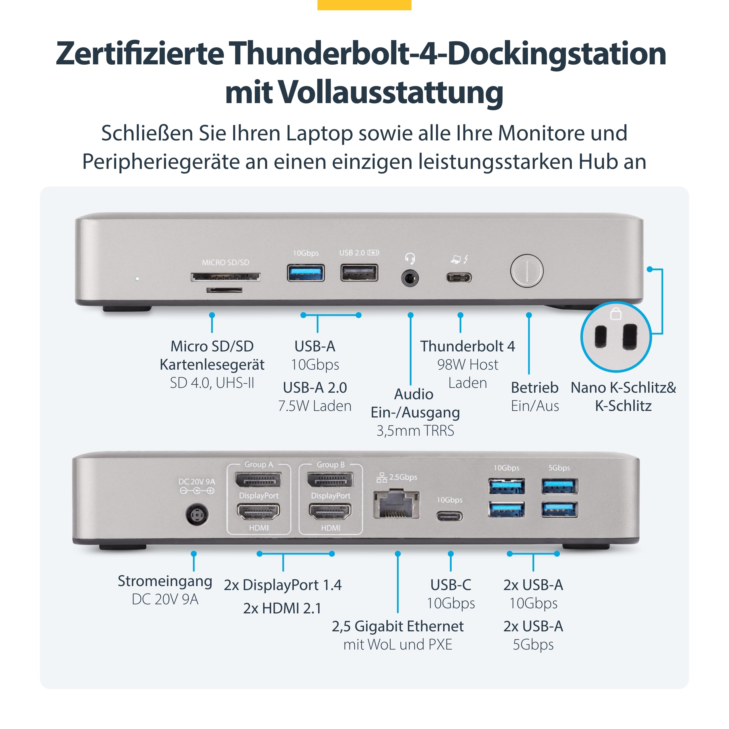 StarTech Thunderbolt 4 USB4 Dockingstation, Quad 4K Win, Dual 4K Mac, 100W | MacBook Pro, M4 Air, 2x HDMI, 2x DisplayPort, 40Gbit/s, Treiberlos, 16-Port, 98W PD