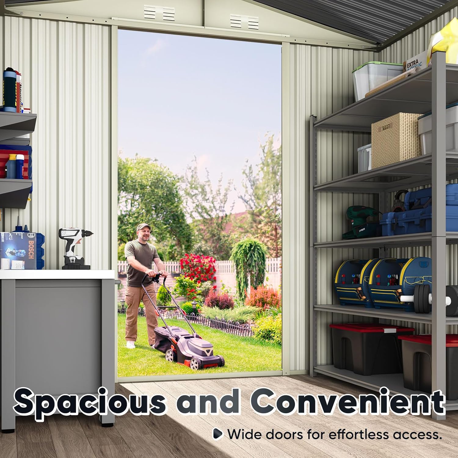 Spacious wide doors of the Quictent shed providing effortless access for large items like a lawnmower.