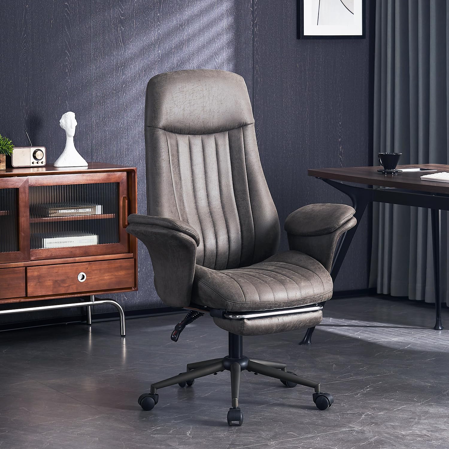 Big High Back Home Office Chair, Ergonomic Computer Chair with Lumbar Support, Height Adjustable Swivel Task Chair with Arms and Footrest (High Back-Grey)