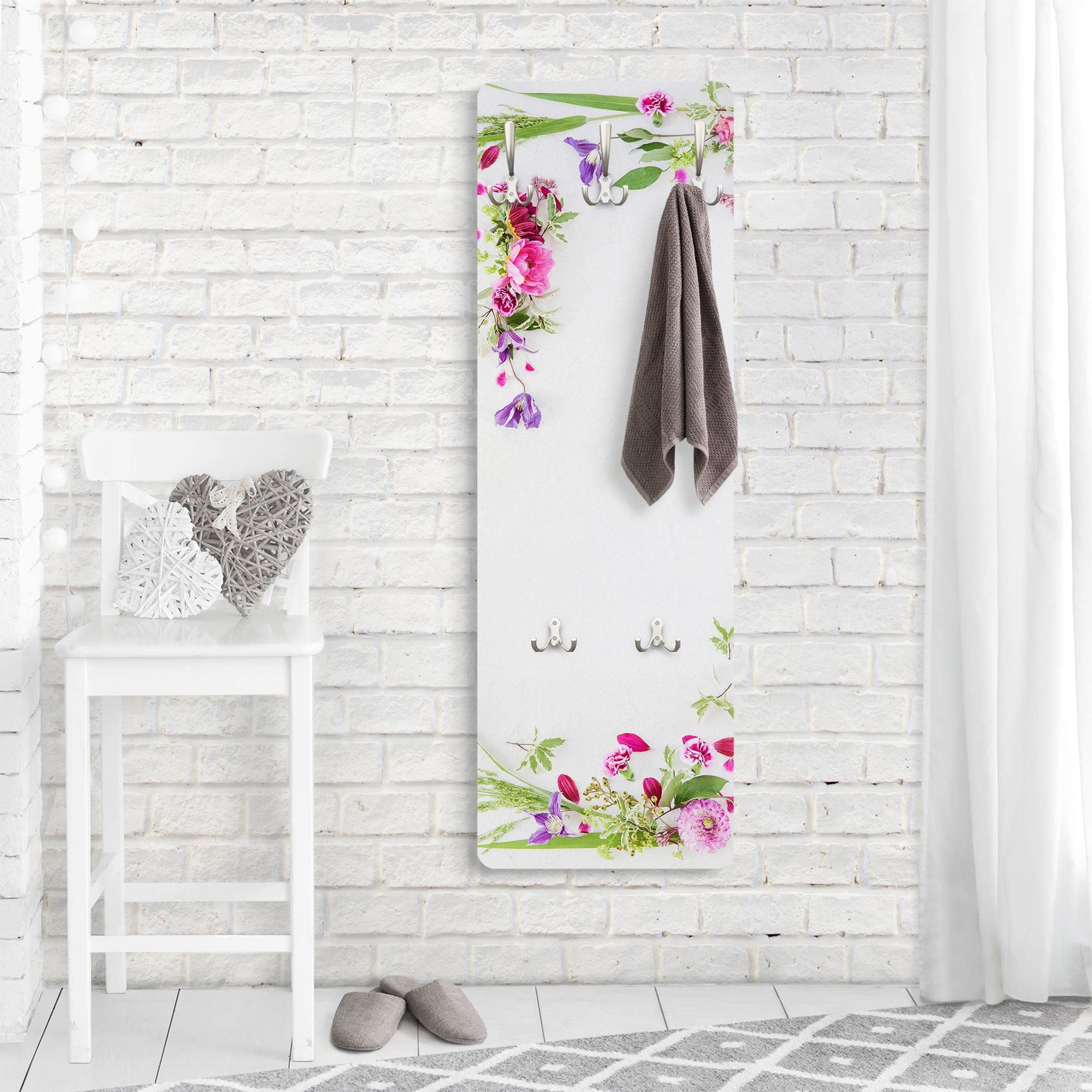 Wandgarderobe inkl. 5 Haken Blumen Floral platzsparendes Design - Made in Germany - Motiv Landhaus Flurgarderobe weiss schmal Garderobenpaneel 2219