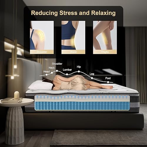 Miniatura 5 de Colchón híbrido de 14 pulgadas, colchón tamaño California King, firmeza media con espuma viscoelástica, resortes individuales para aislamiento de