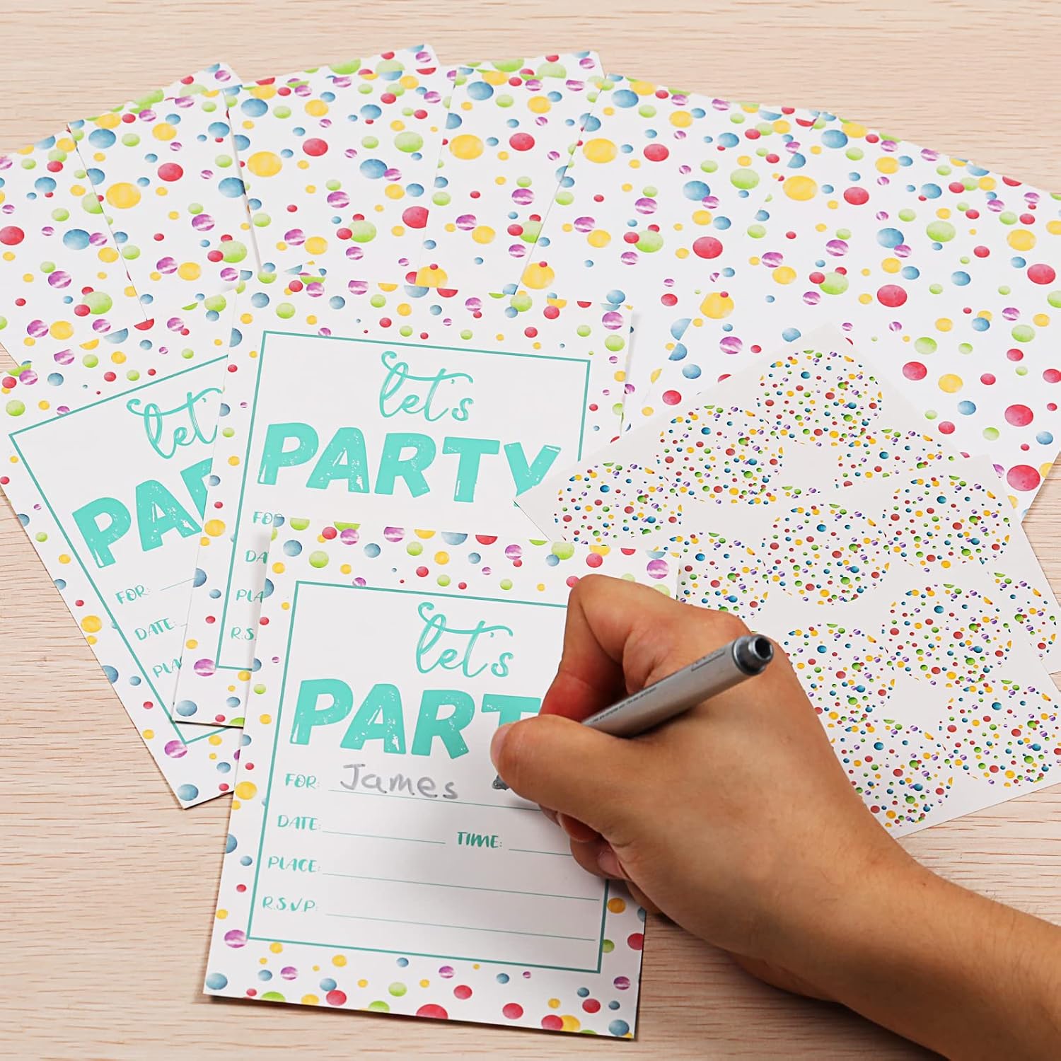 30 Pieces Confetti Birthday Invitations LET'S PARTY Watercolor Dot Invitation Set for Boys Girls Kids Birthday Invitations with Sticker Labels Envelopes Rainbow Polka Dot Party Supplies Decorations