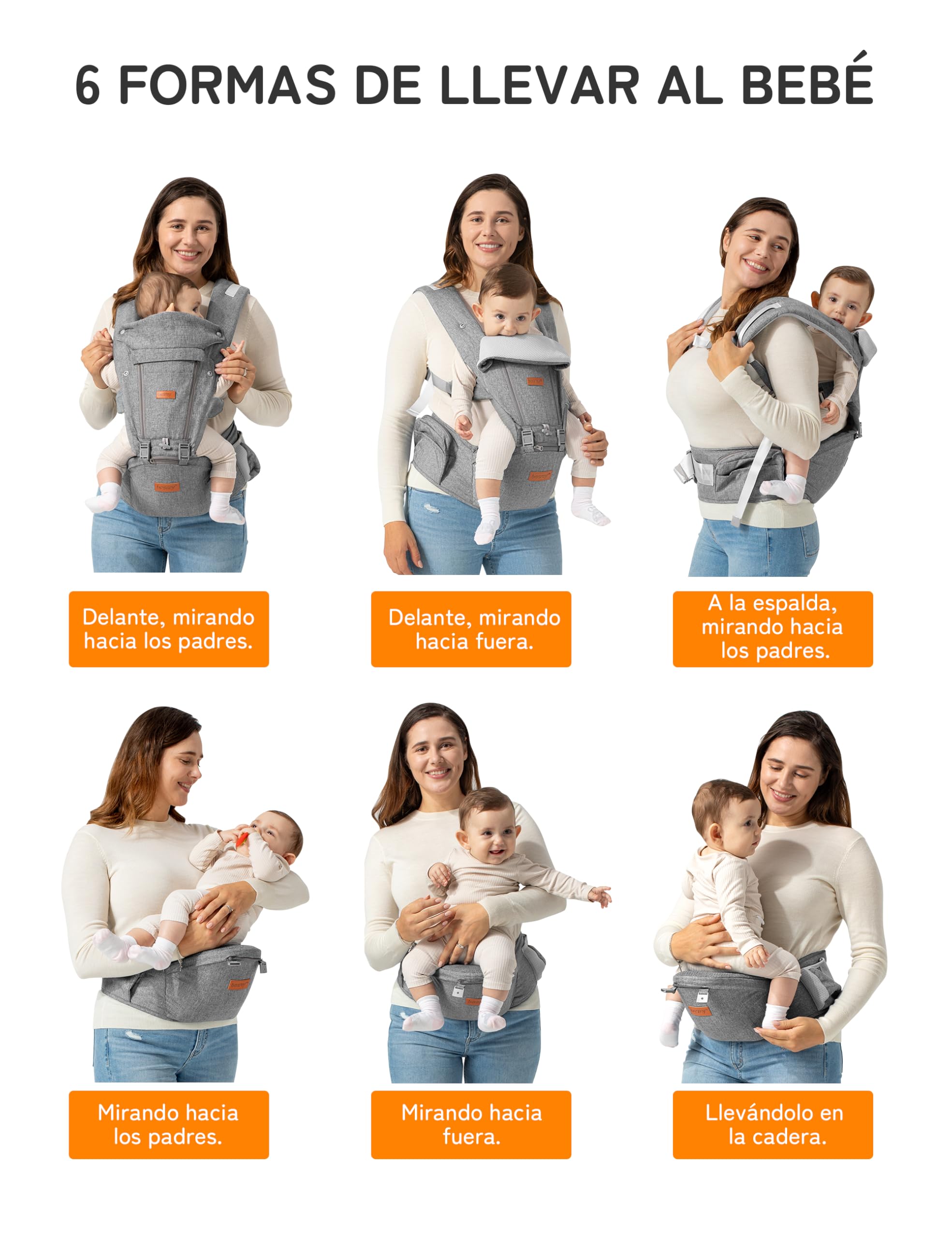 besrey Mochila Portabebes Ergonomica con Respaldo para Padres y Reposacabezas para Bebé + 2 Baberos de Algodón, Gris | Incluye soporte lumbar y baba y cinturón de cintura de hasta 130 cm