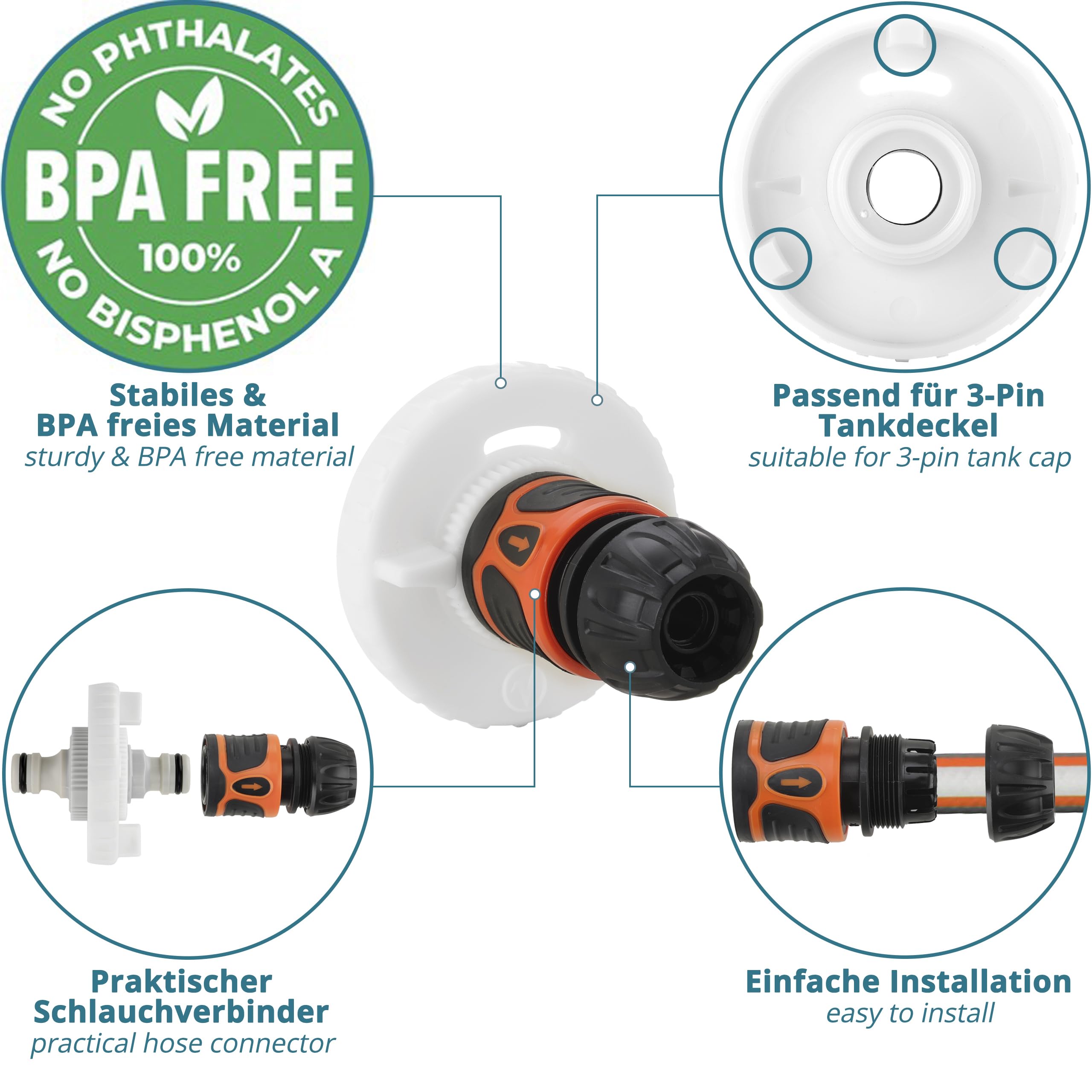 tappo per serbatoio dell' acqua – 3 perni diametro 78 mm – bianco – per camper con tubo per il bocchettone dell'acqua +Plus: adattatore per tubo dell'acqua