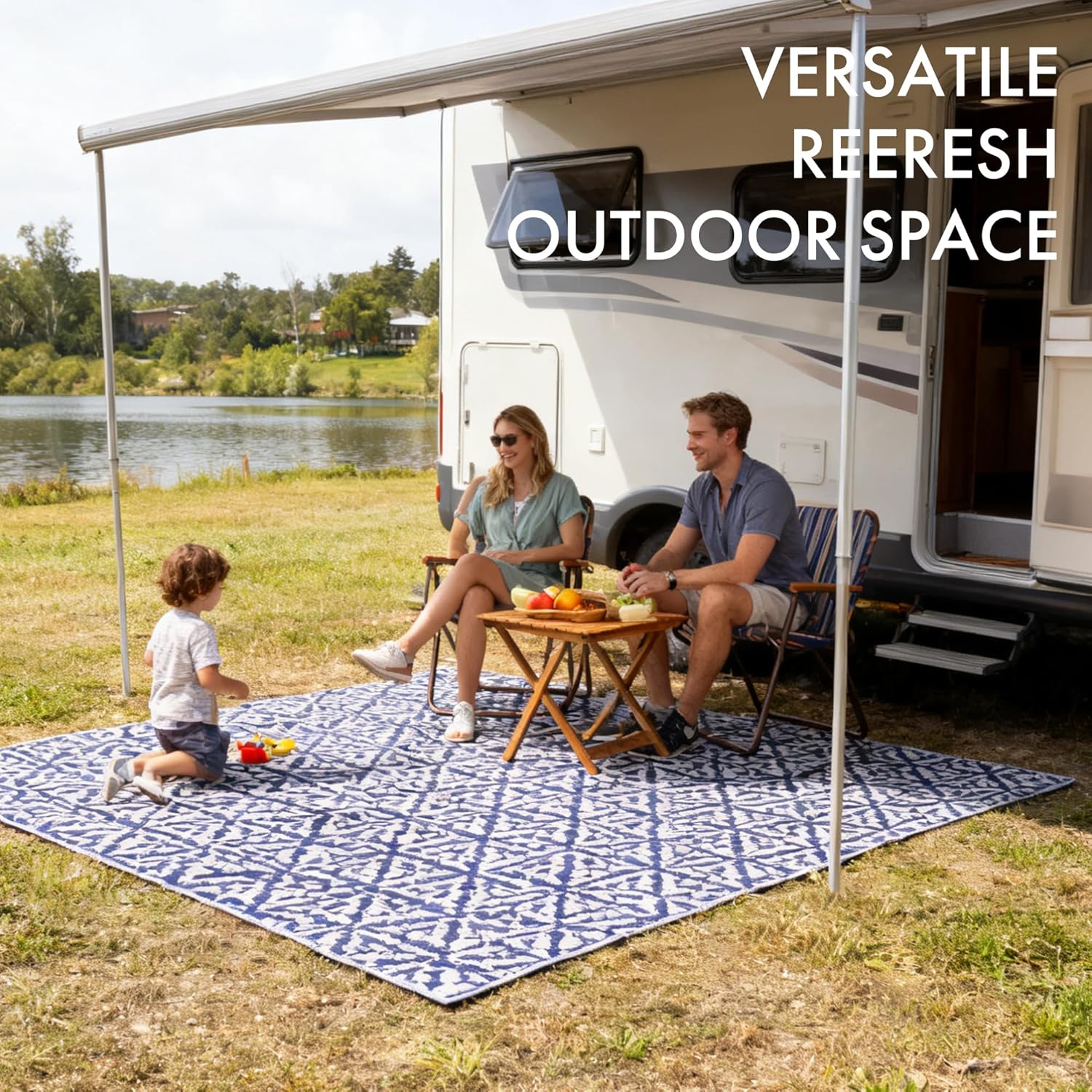 ‌Reversible Waterproof Outdoor Rug – Lightweight UV-Resistant Rug for Patio, Camping & Beach (Blue Flowers, 4' x 6' (Rectangular))