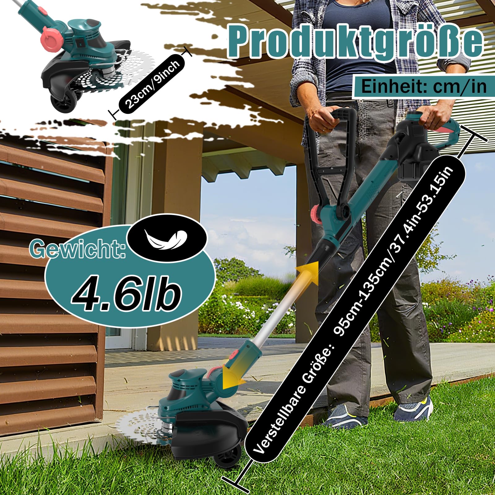 Akku Rasentrimmer mit Unkrautbürste, 21V Bürstenlose Rasentrimmer für Makita Akkus, Elektrischer Freischneider Akku, Inkl. 2X4.0Ah Akku & Ladegerät für Garden Trimmen (Blau)