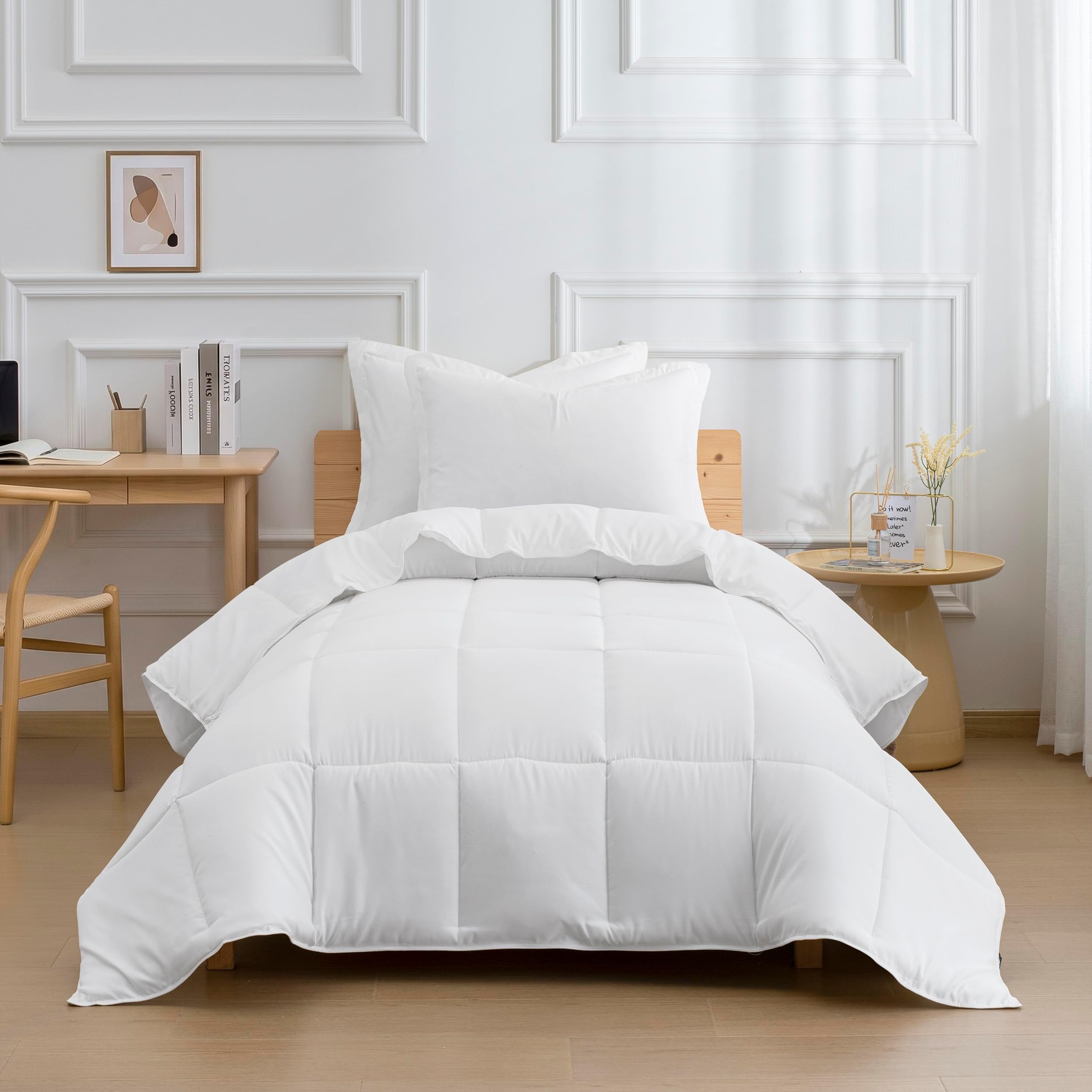 HIG 3pc Down Alternative Comforter Set - All Season Reversible Comforter with Two Sham - Quilted Duvet Insert with Corner Tabs - Box Stitched - Breathable, Soft, Fluffy (Twin/Twin XL, Pure White)