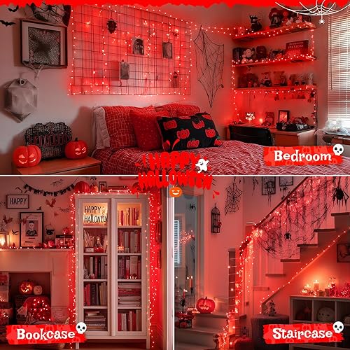 Miniatura 5 de JMEXSUSS Paquete de 2 luces rojas que funcionan con pilas. Total de 200 luces LED de Halloween rojas de 66 pies con control remoto, 8 modos de luces