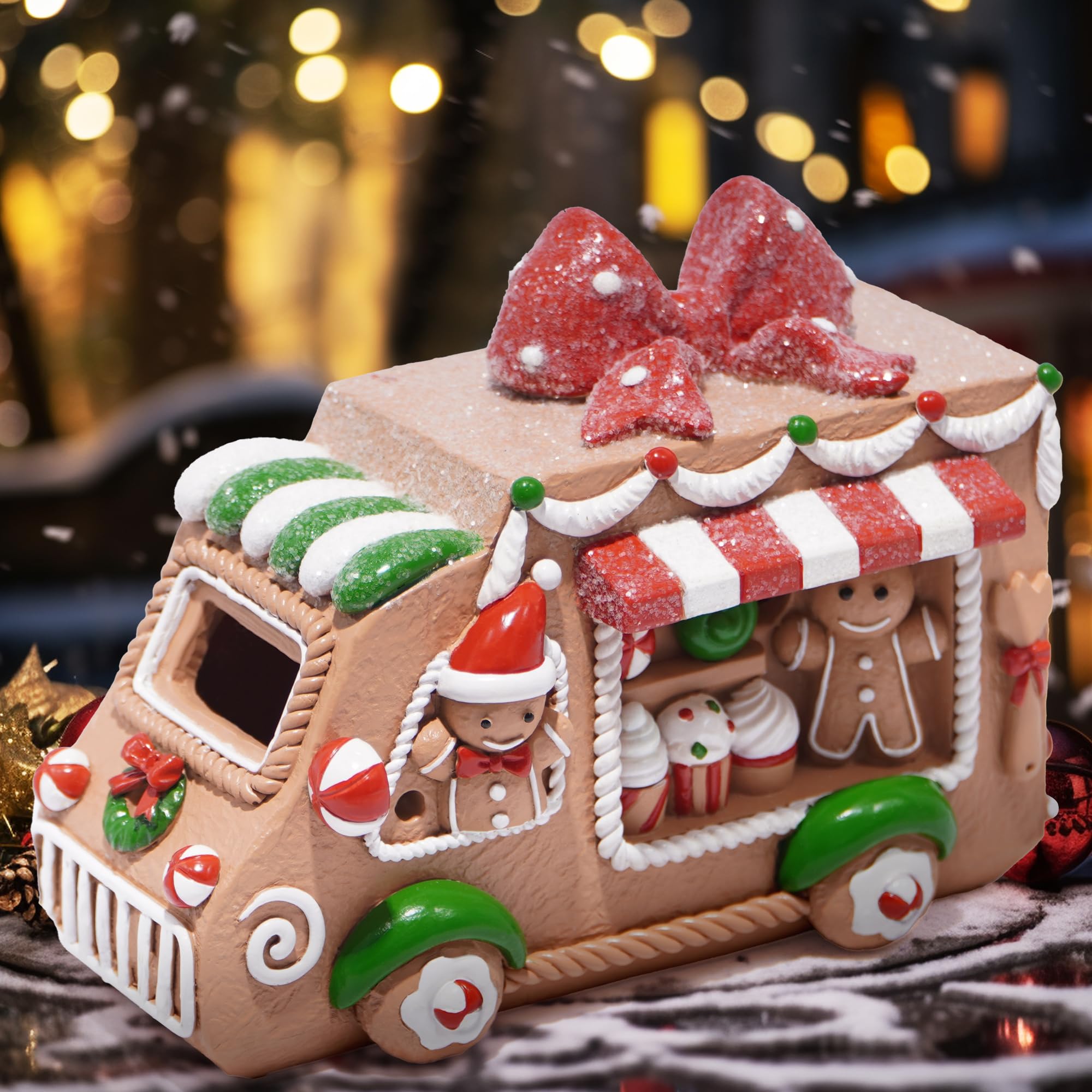 Hodao Christmas Decorations Gingerbread House Figurine with Ice Cream Car Design, Battery-Powered (2 AAA), 6.4