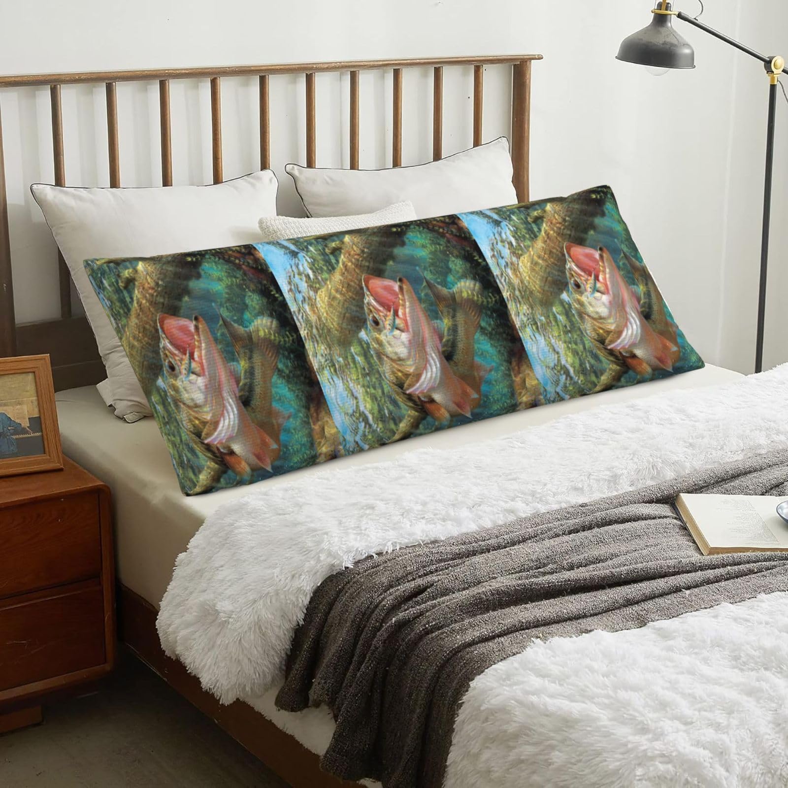 Bass Fish Jumping Hook, Body Pillow Cover with Zipper,Long Body Pillowcase 20 x 60 in