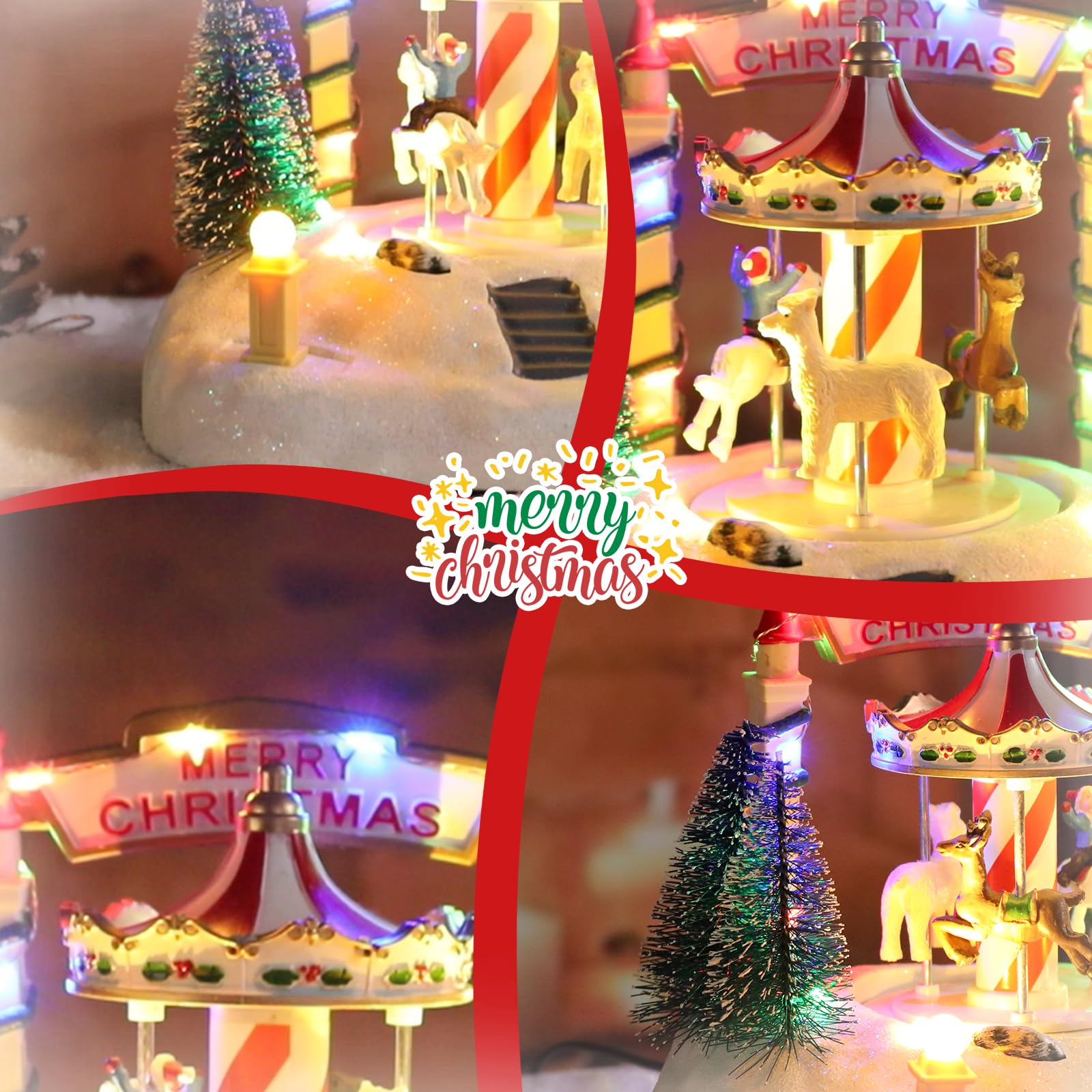 Bdor Decoración de mesa de carrusel de Navidad – Merry-Go-round musical iluminado con renos y árboles – Escena navideña que funciona con pilas – 7.5 x 5.5 x 6 pulgadas, centro de mesa festivo con