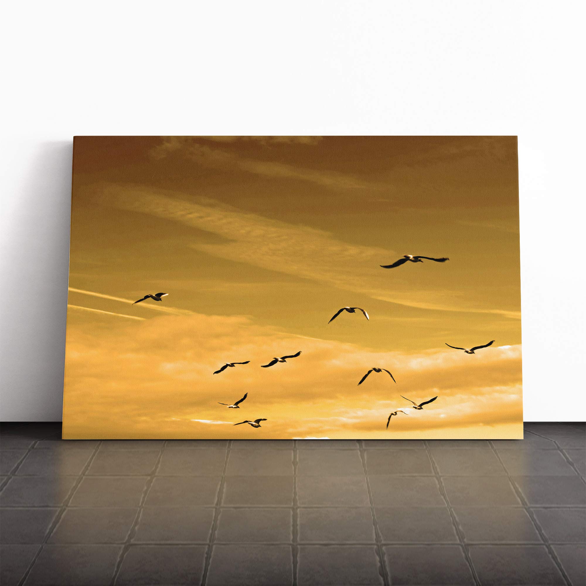 Flying Seagulls Sunset Birds Canvas Print | Gallery Wrapped 30mm Frame Wall Art | 30x20 inches | Ready to Hang | Modern Landscape Picture | Living Room Bedroom Lounge Office