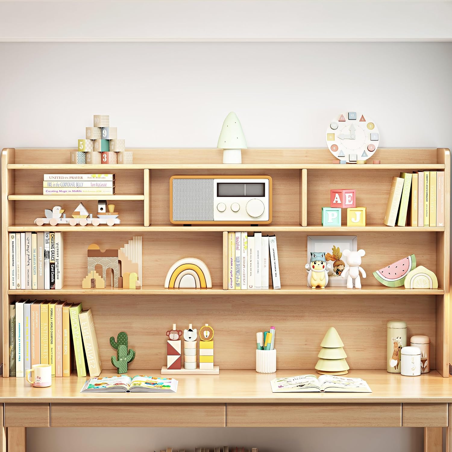 Kids Desk Kids Table with Hutch for Children Wood Table Solid Wood Desk Two Positions Suitable for Two People Suitable for Children's Study Adult Home Office and Other Places(Nature)