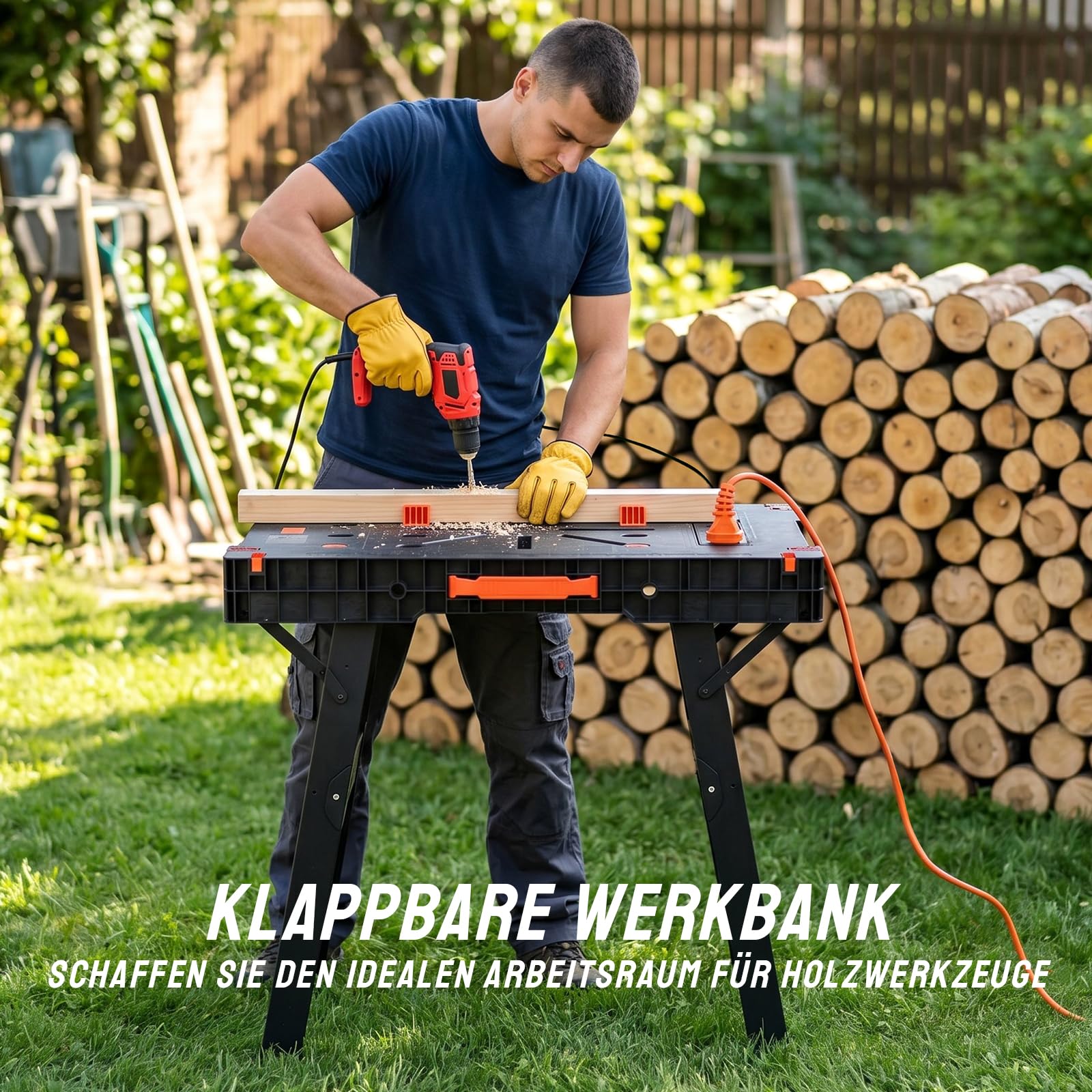 TLGREEN Klappbare Werkbank mit Integrierter Steckdose, Tragbare Werktisch | Sägebock Arbeitstisch inkl. 2 pcs Einhandzwinge, für Werkstatt, Garage, Baustelle & DIY, bis 300-500kg, 86 x 55 × 79cm