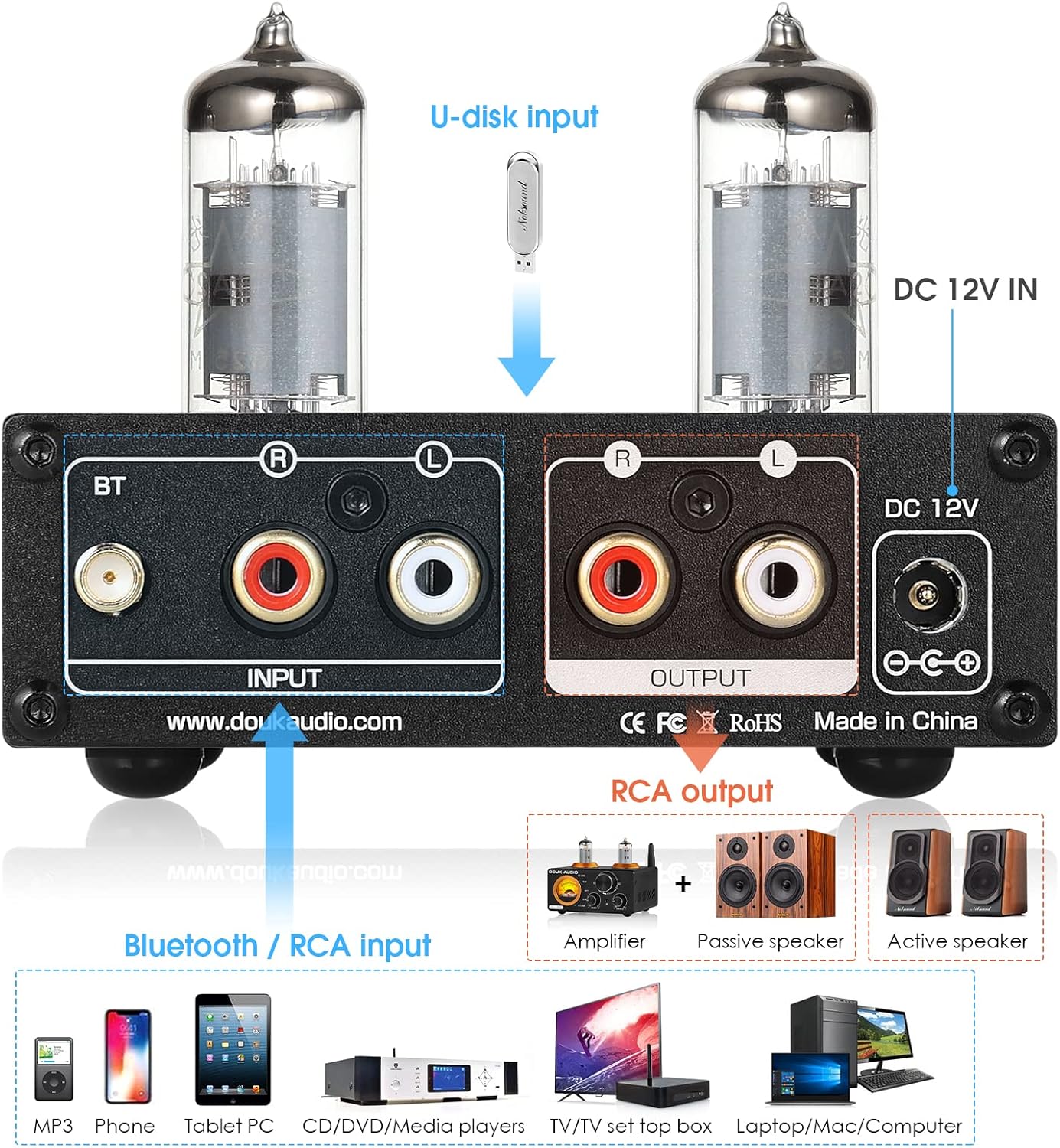 Mini Bluetooth 5.0 Tube Preamp Speaker Receiver Stereo Pre-Amplifier USB Player