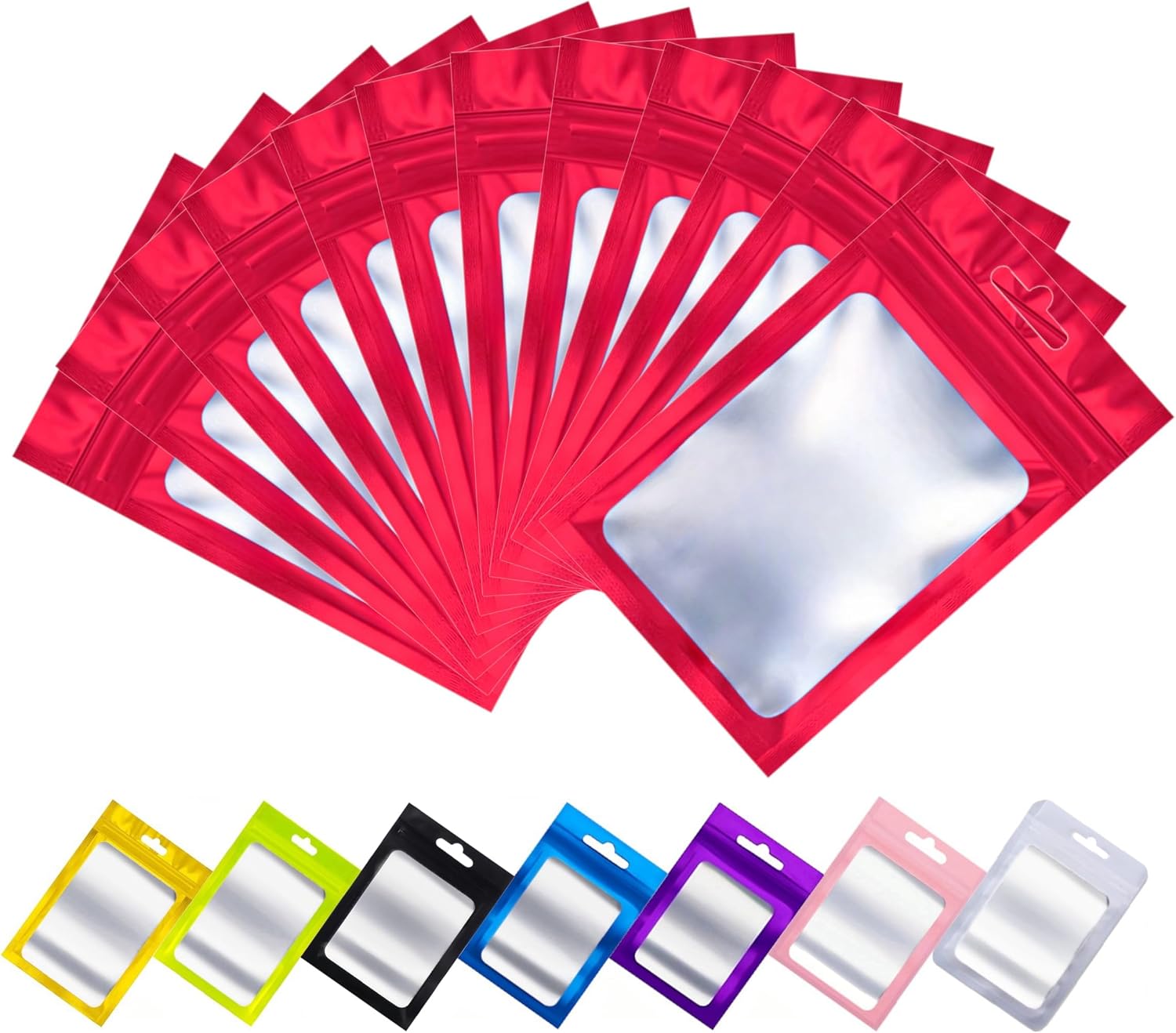 Rimiko 100 szt. małych torebek mylarowych z mylaru z przezroczystym okienkiem, torby na próbki z folii aluminiowej, zamykane woreczki do pakowania i przechowywania żywności (Czerwony, 8x13 cm)