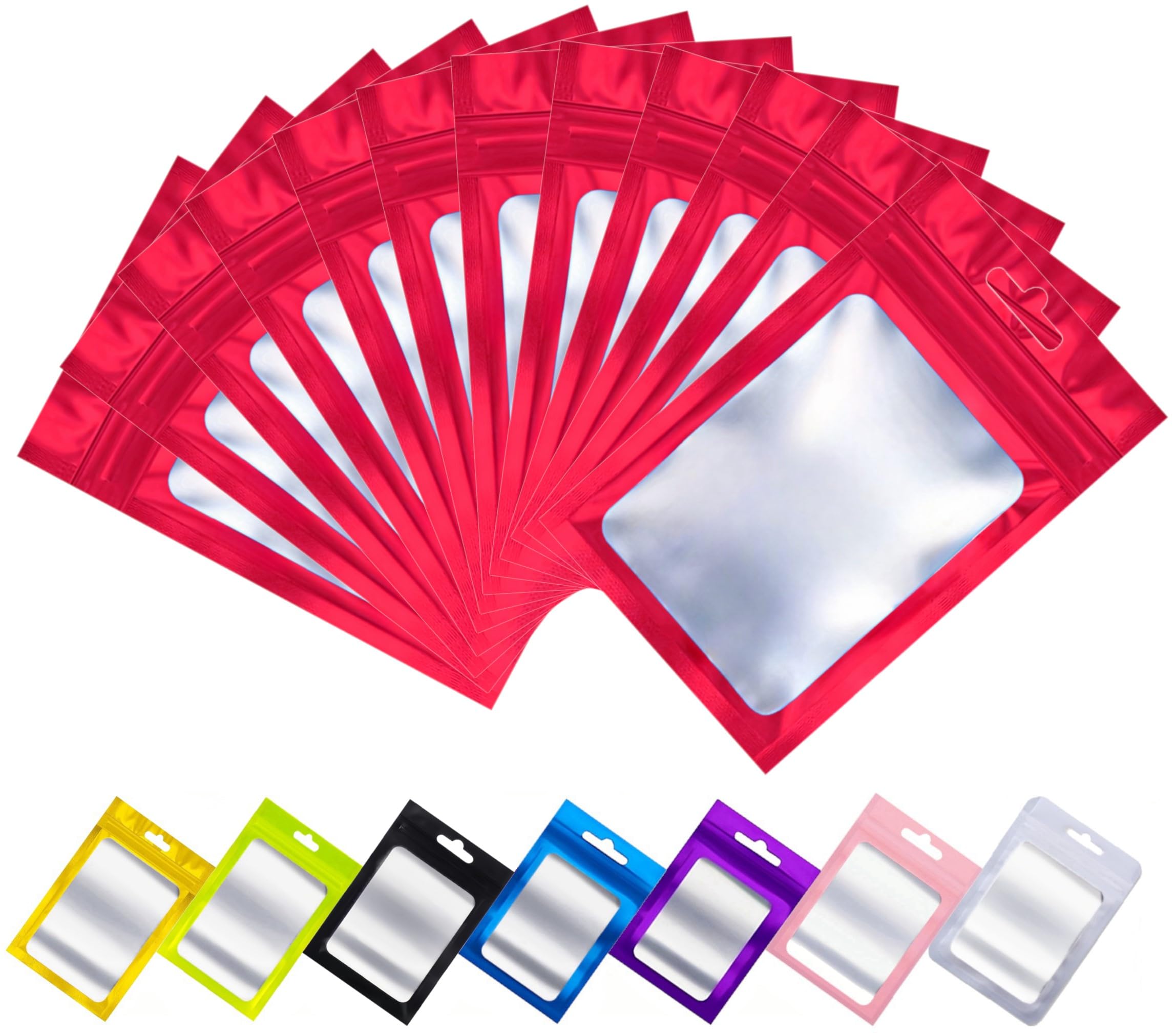 Rimiko Red 50Pcs Ziplock Mylar Bags With Clear Window, Aluminum Foil Sample Bags, Resealable Pouch For Packaging And Food Storage (, 4.1"X5.9")